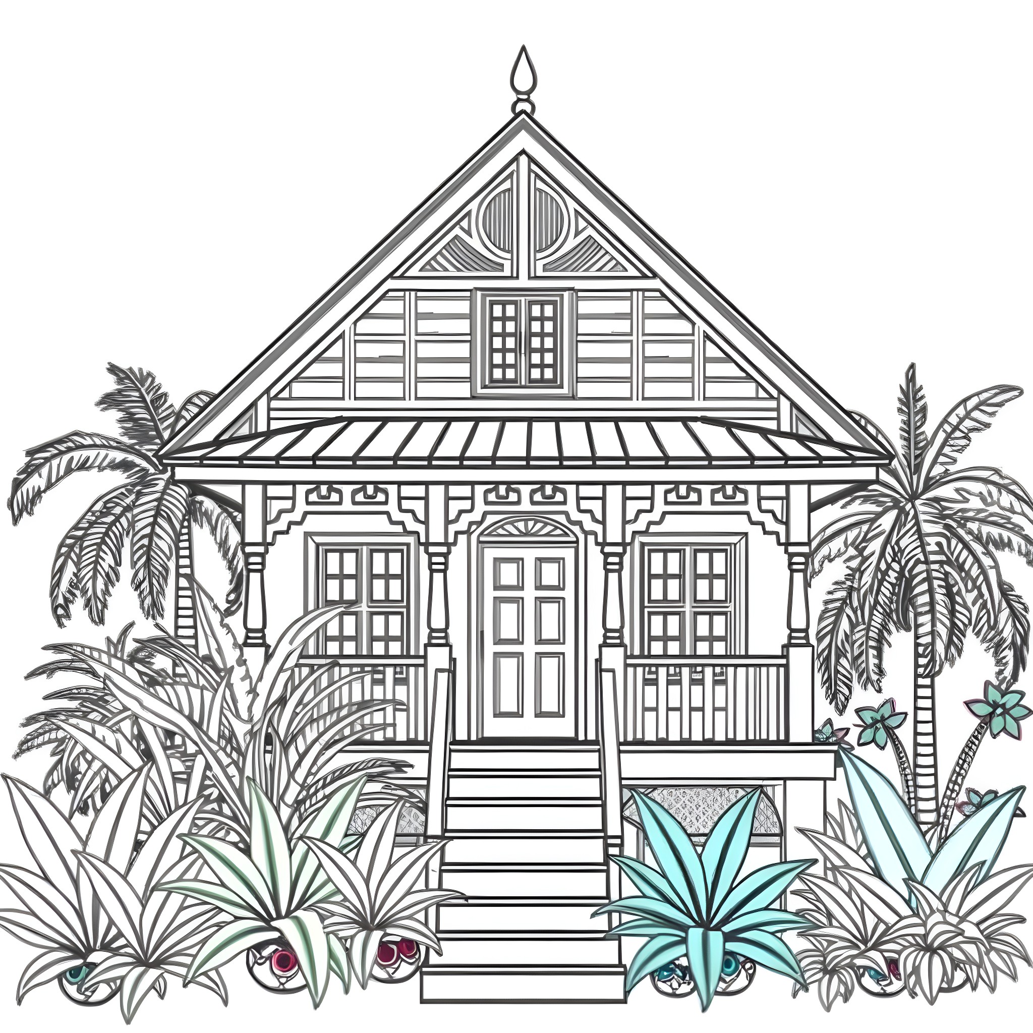 House with tropical plants and flowers Coloring Page (free black-and-white line drawing printable PDF for all, from beginners to advanced learners, including children, teens, adults, and seniors)