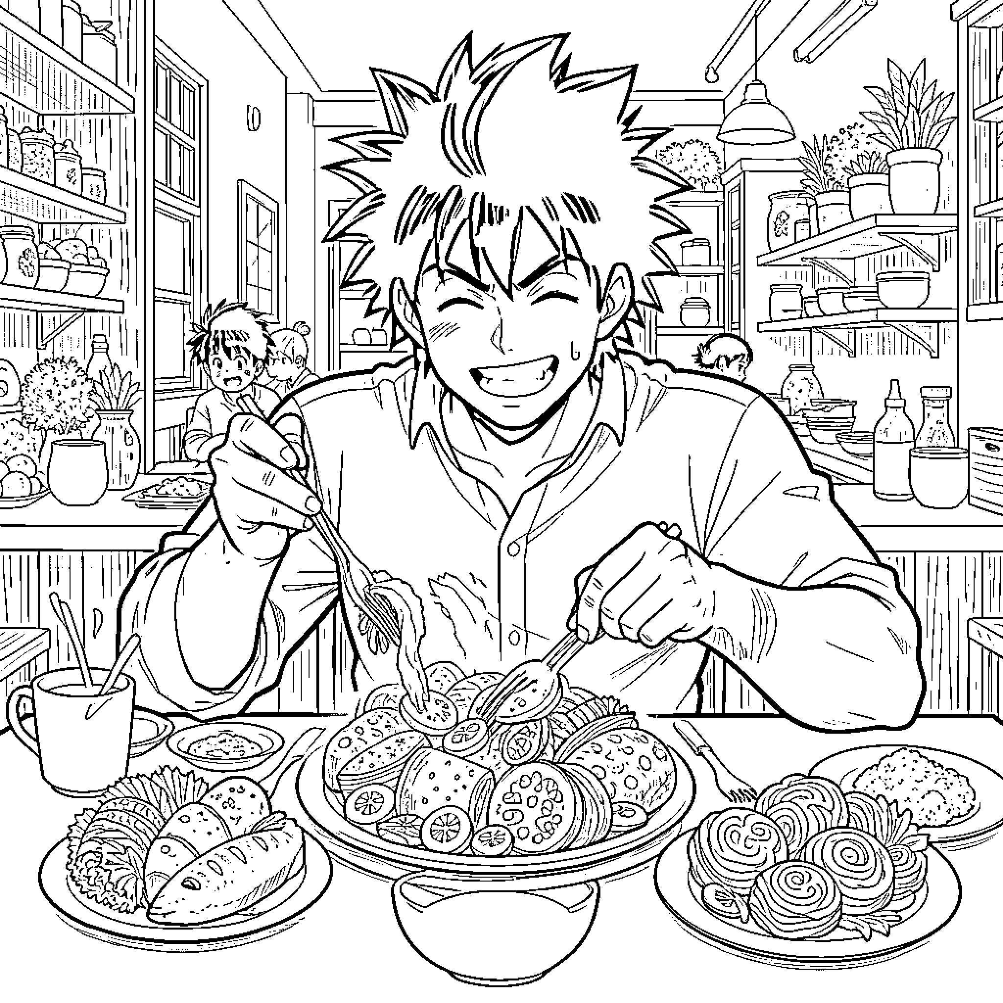 Toriko eating a large delicious meal with joy Coloring Page (free black-and-white line drawing printable PDF for all, from beginners to advanced learners, including children, teens, adults, and seniors)