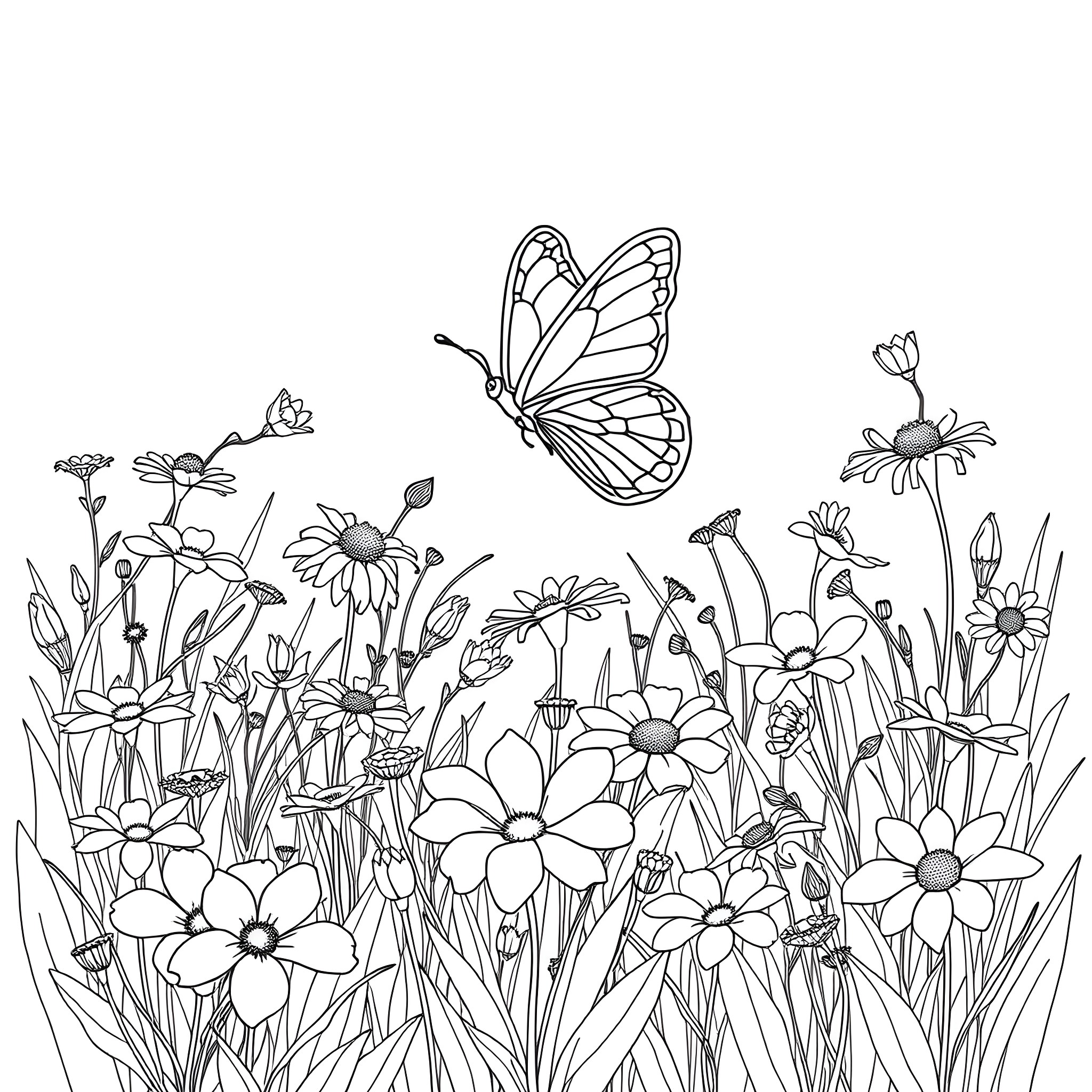 Butterfly flying amidst a garden of flowers Coloring Page (free black-and-white line drawing printable PDF for all, from beginners to advanced learners, including children, teens, adults, and seniors)