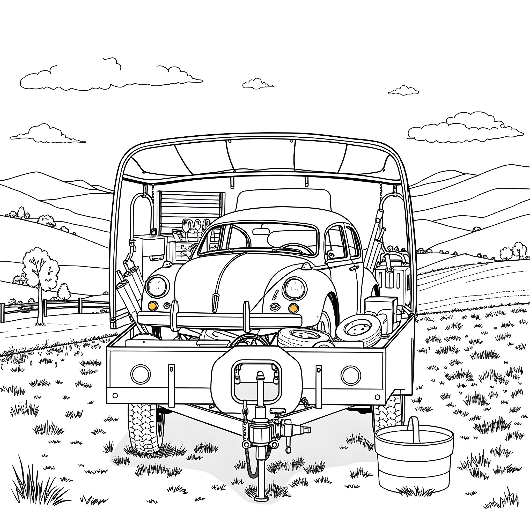 Car Towing Vintage Volkswagen Beetle in Countryside Coloring Page (free black-and-white line drawing printable PDF for all, from beginners to advanced learners, including children, teens, adults, and seniors)
