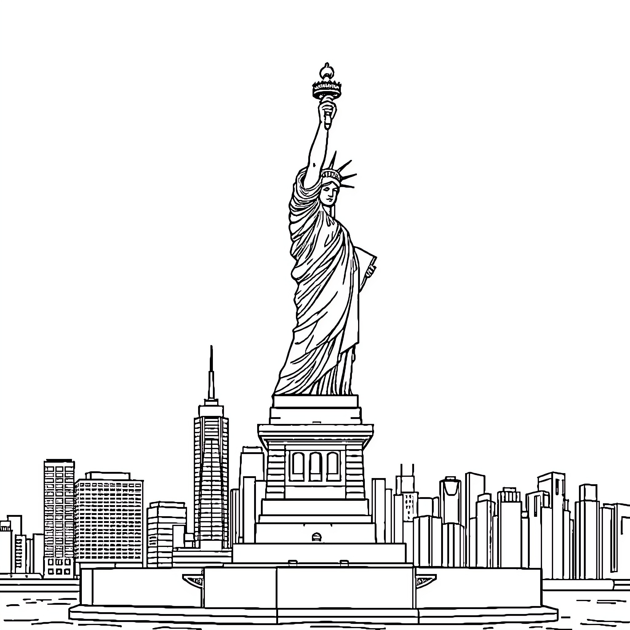 Statue Of Liberty overlooking the city skyline Coloring Page (free black-and-white line drawing printable PDF for all, from beginners to advanced learners, including children, teens, adults, and seniors)
