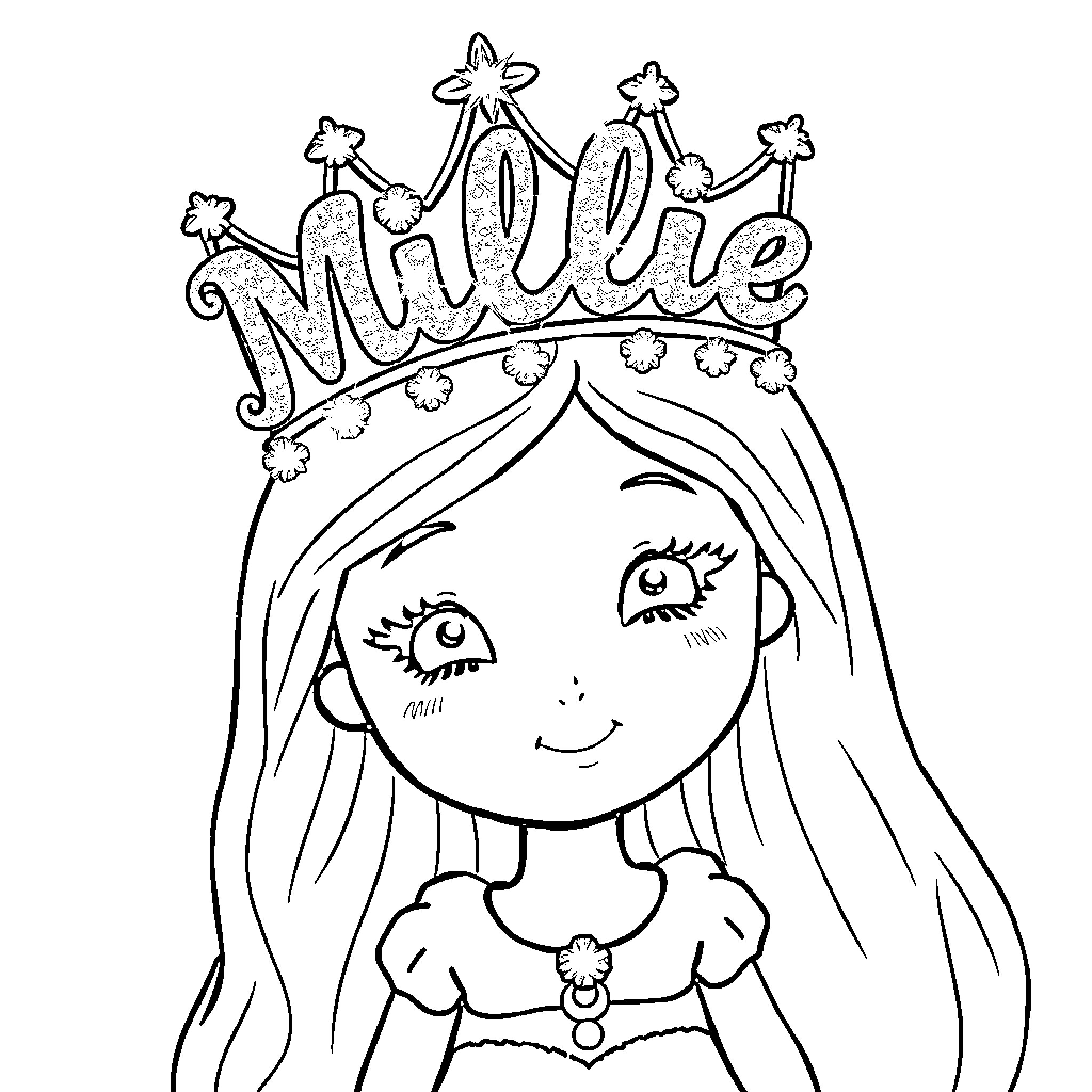 Princess Wearing a Jeweled Crown and Smiling Coloring Page (free black-and-white line drawing printable PDF for all, from beginners to advanced learners, including children, teens, adults, and seniors)
