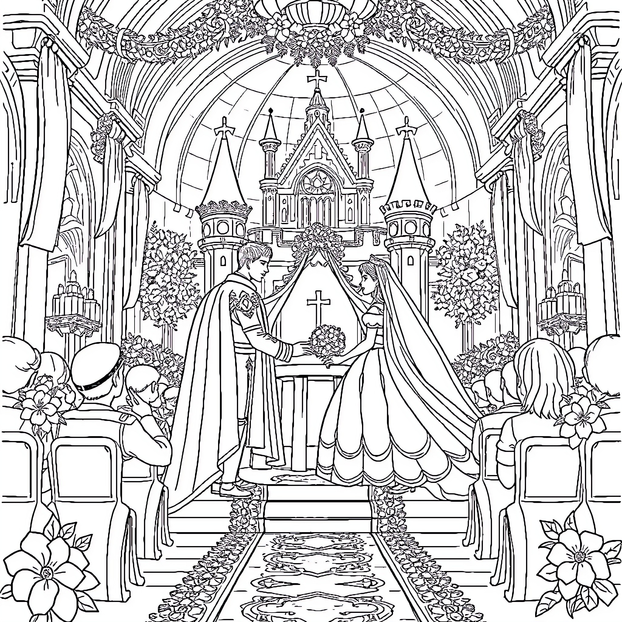 Prince and Princess's Elaborate Royal Wedding Ceremony Coloring Page (free black-and-white line drawing printable PDF for all, from beginners to advanced learners, including children, teens, adults, and seniors)