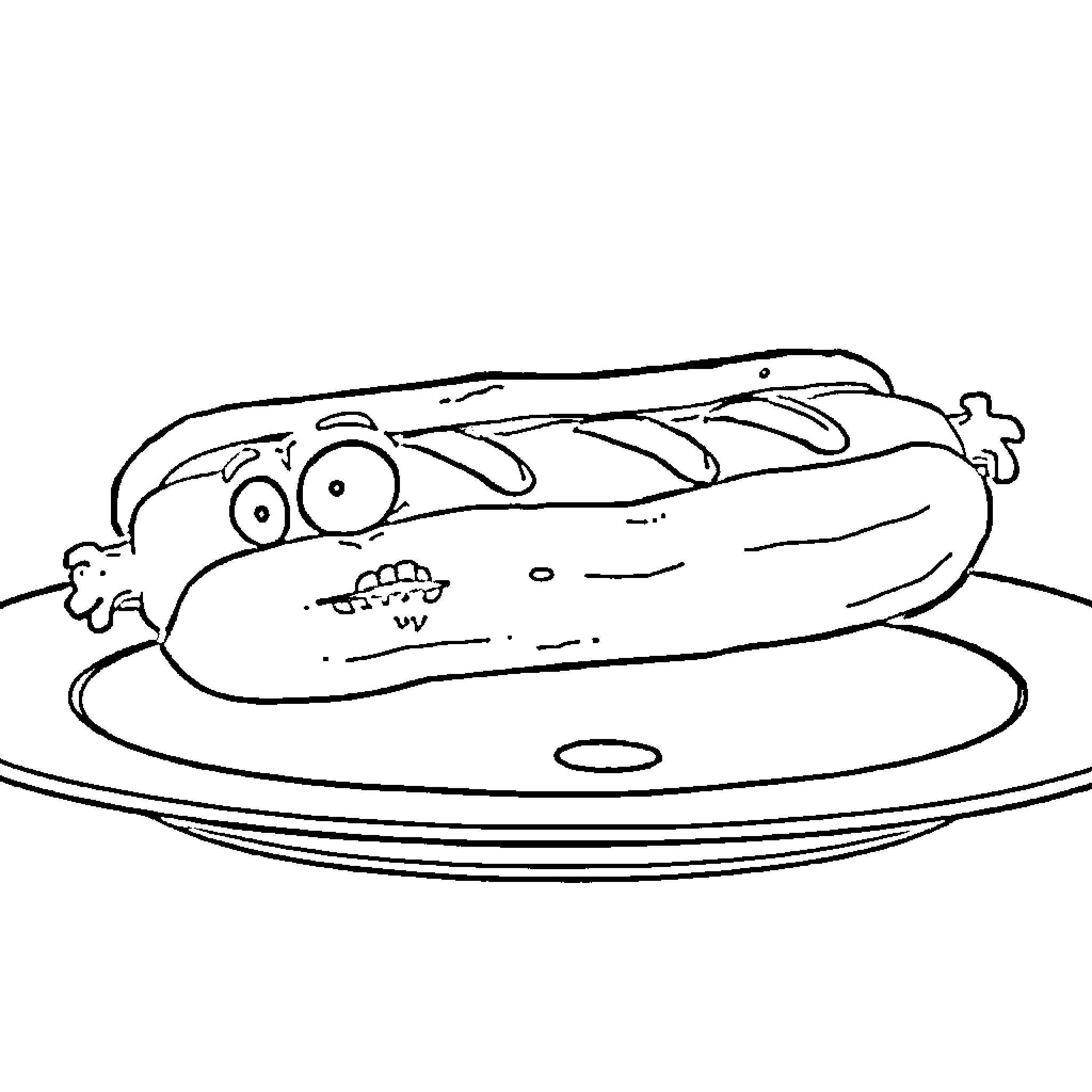 Zombie Hot Dog Enjoying a Meal Coloring Page (free black-and-white line drawing printable PDF for all, from beginners to advanced learners, including children, teens, adults, and seniors)