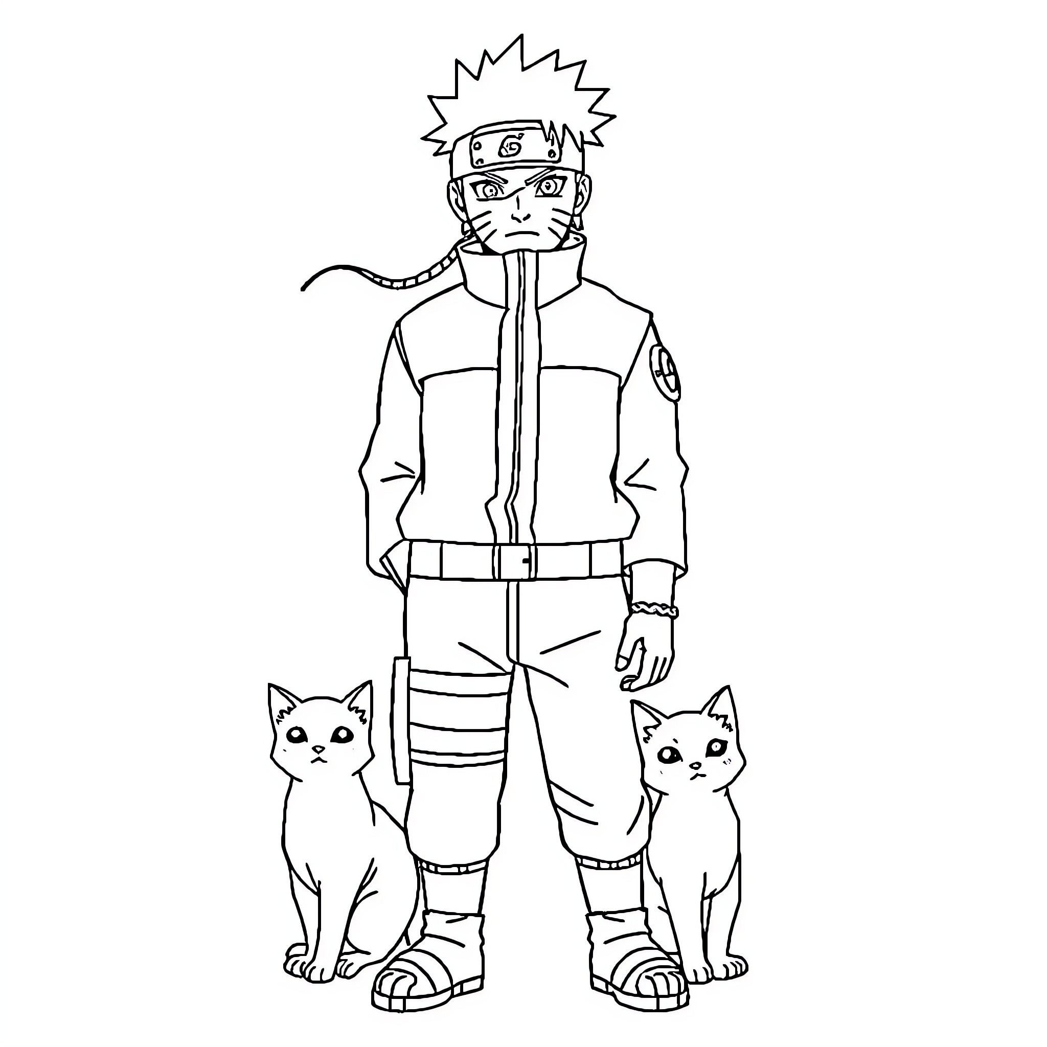 Naruto with Ninja Cats on an Adventure Coloring Page (free black-and-white line drawing printable PDF for all, from beginners to advanced learners, including children, teens, adults, and seniors)