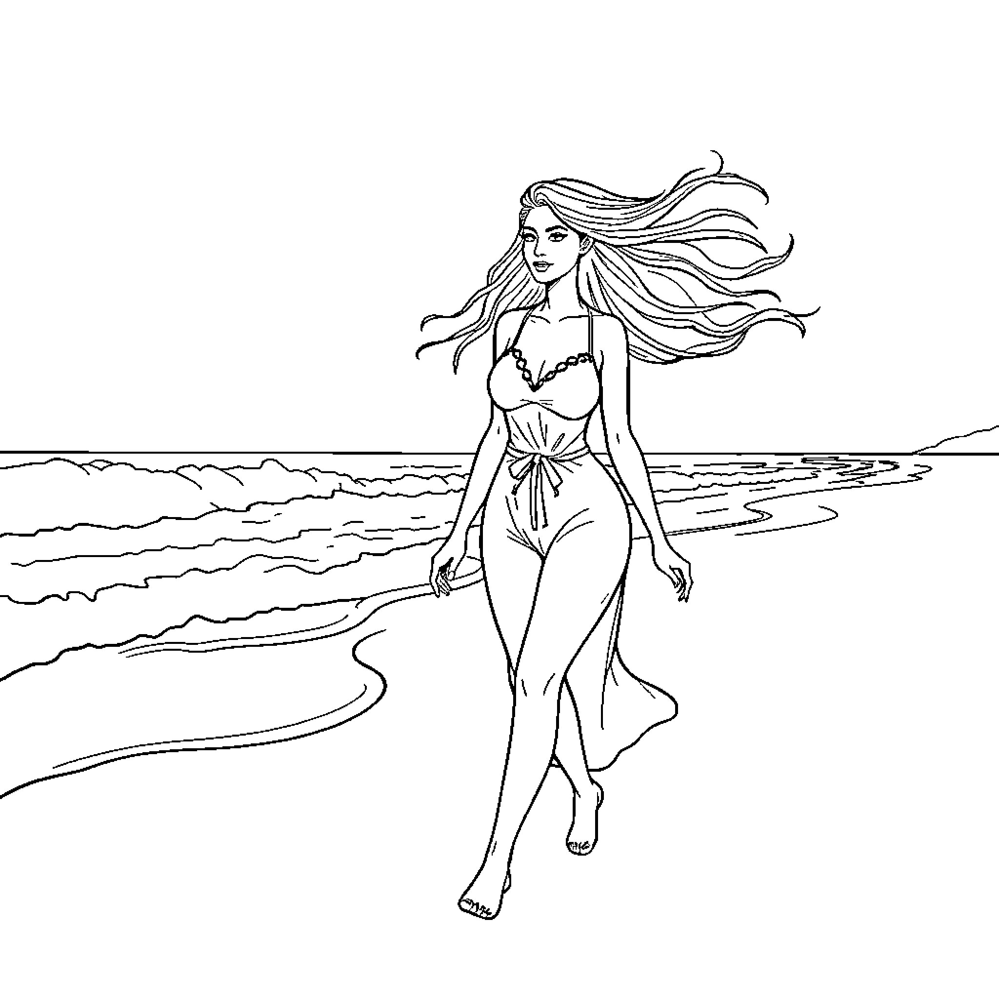 Woman strolling along the beach Coloring Page (free black-and-white line drawing printable PDF for all, from beginners to advanced learners, including children, teens, adults, and seniors)