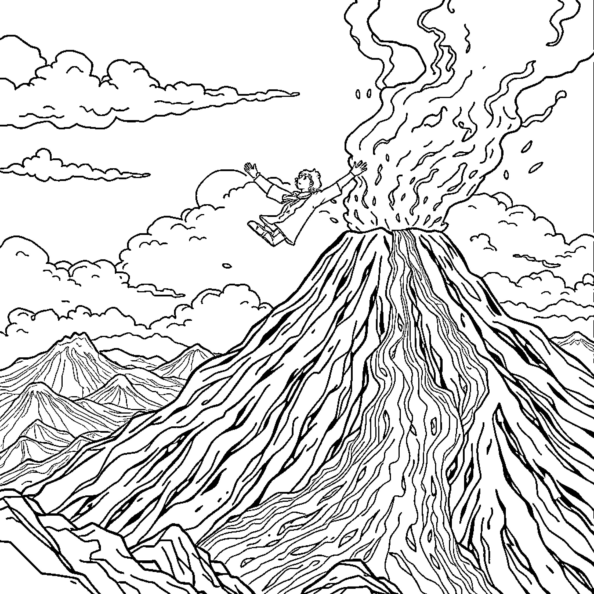 Teacher exploring the volcanic landscape Coloring Page (free black-and-white line drawing printable PDF for all, from beginners to advanced learners, including children, teens, adults, and seniors)
