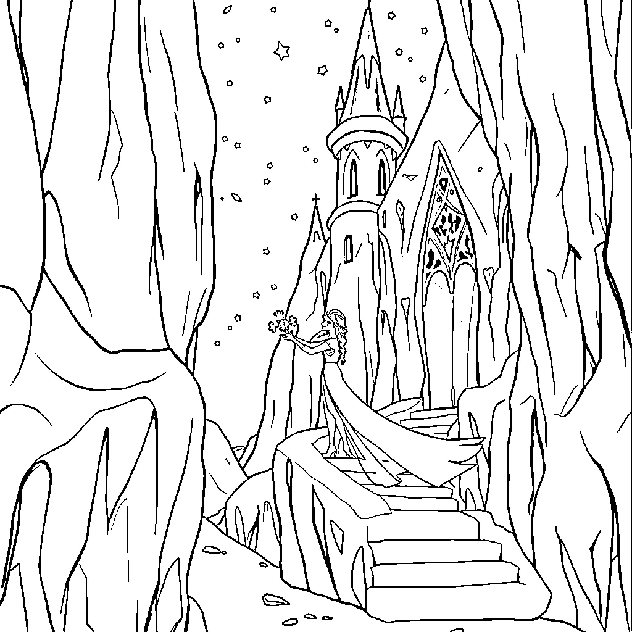 Elsa's Icy Palace in the Enchanted Winter Wonderland Coloring Page (free black-and-white line drawing printable PDF for all, from beginners to advanced learners, including children, teens, adults, and seniors)