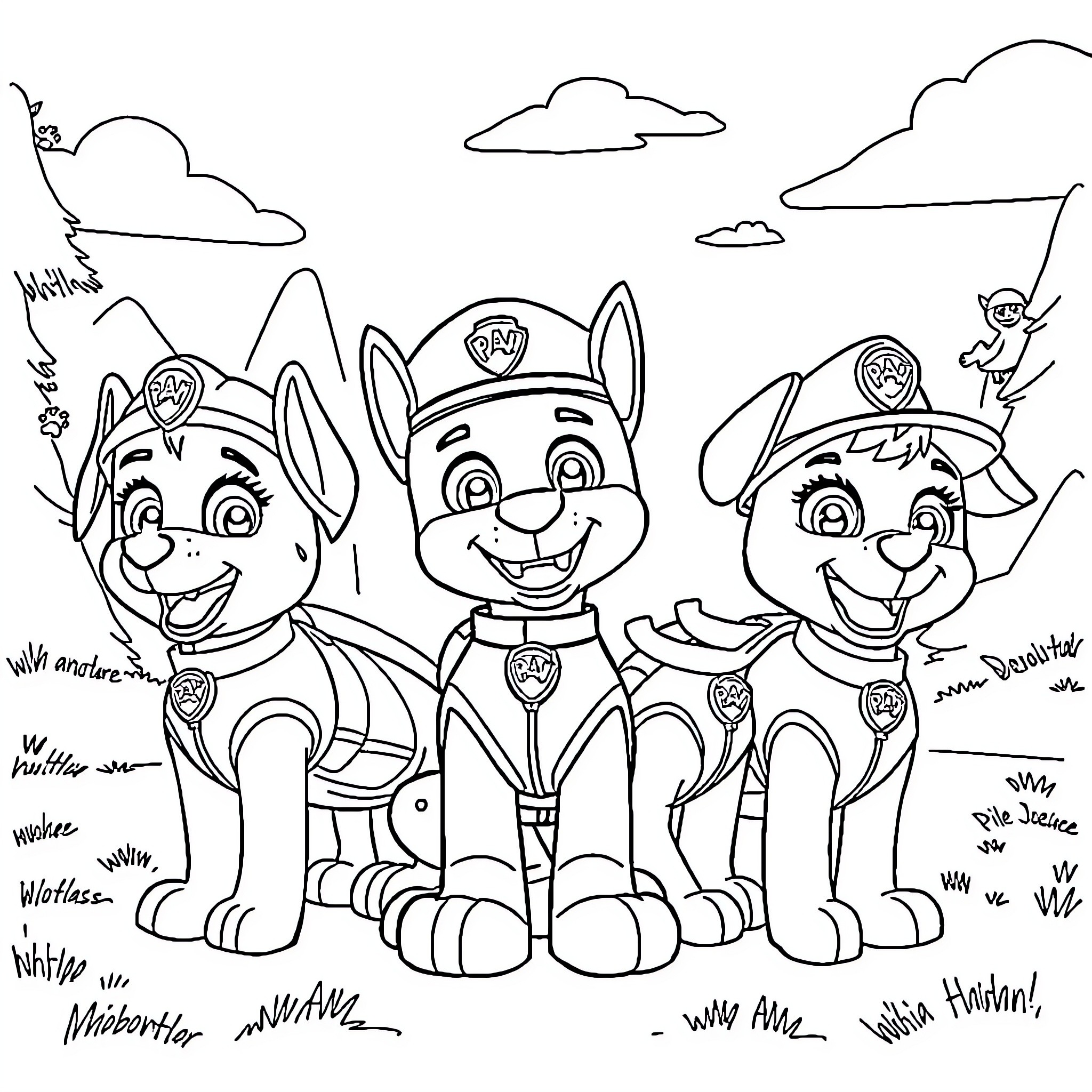 Paw Patrol Trio Exploring the Outdoors Coloring Page (free black-and-white line drawing printable PDF for all, from beginners to advanced learners, including children, teens, adults, and seniors)
