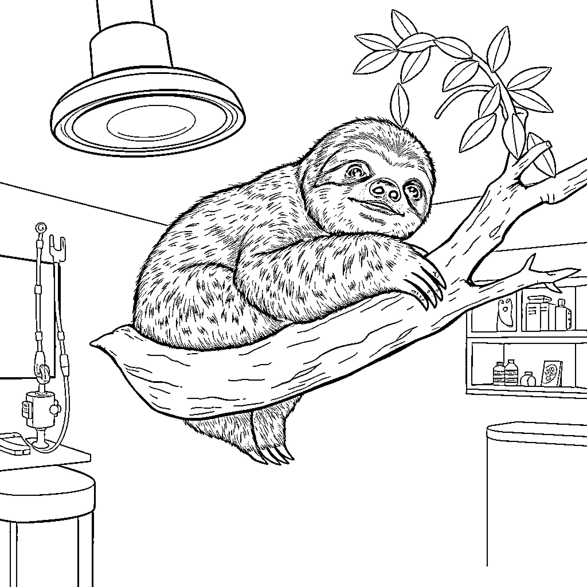 Sloth relaxing in a cozy indoor setting Coloring Page (free black-and-white line drawing printable PDF for all, from beginners to advanced learners, including children, teens, adults, and seniors)