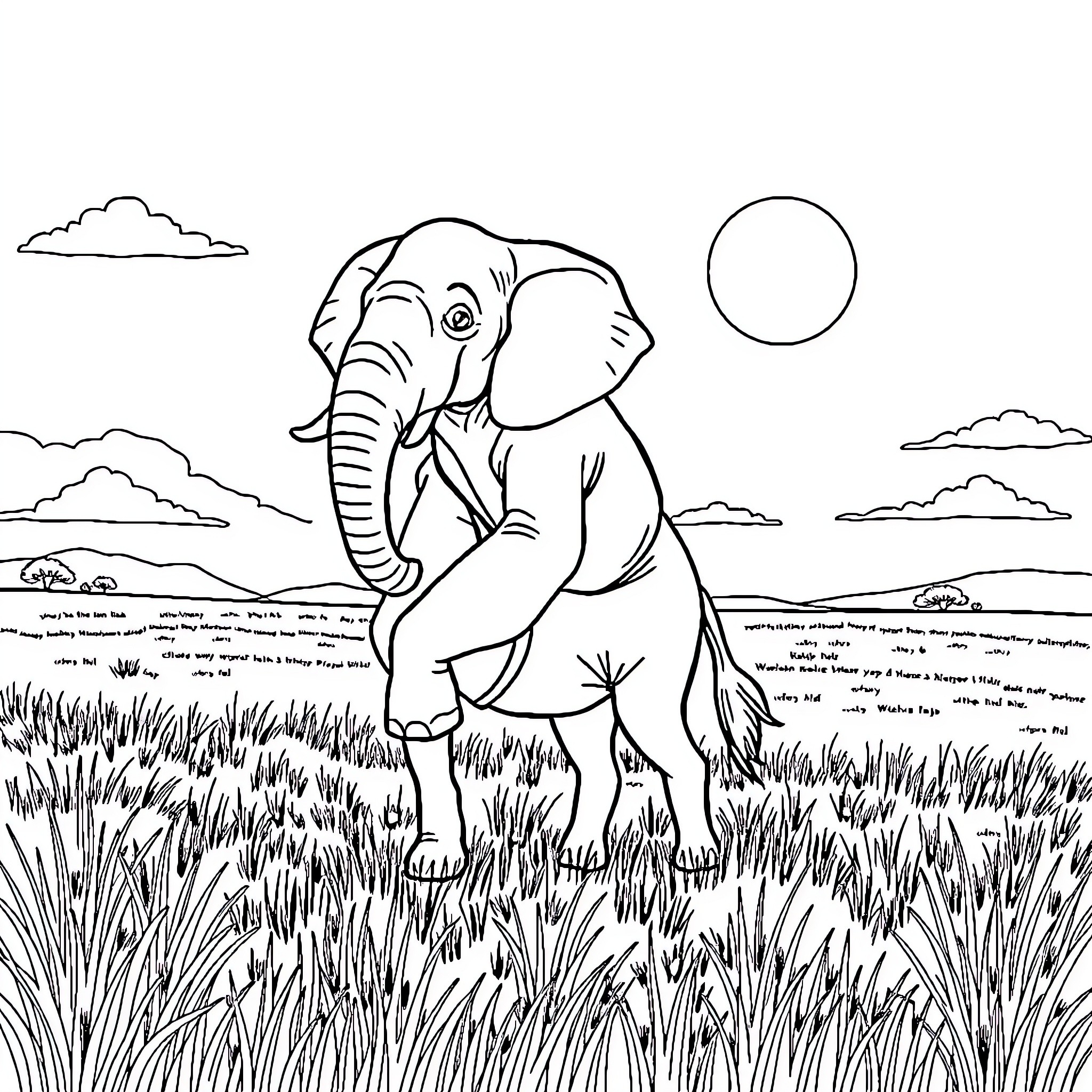 Elephant in the Savanna Landscape Coloring Page (free black-and-white line drawing printable PDF for all, from beginners to advanced learners, including children, teens, adults, and seniors)