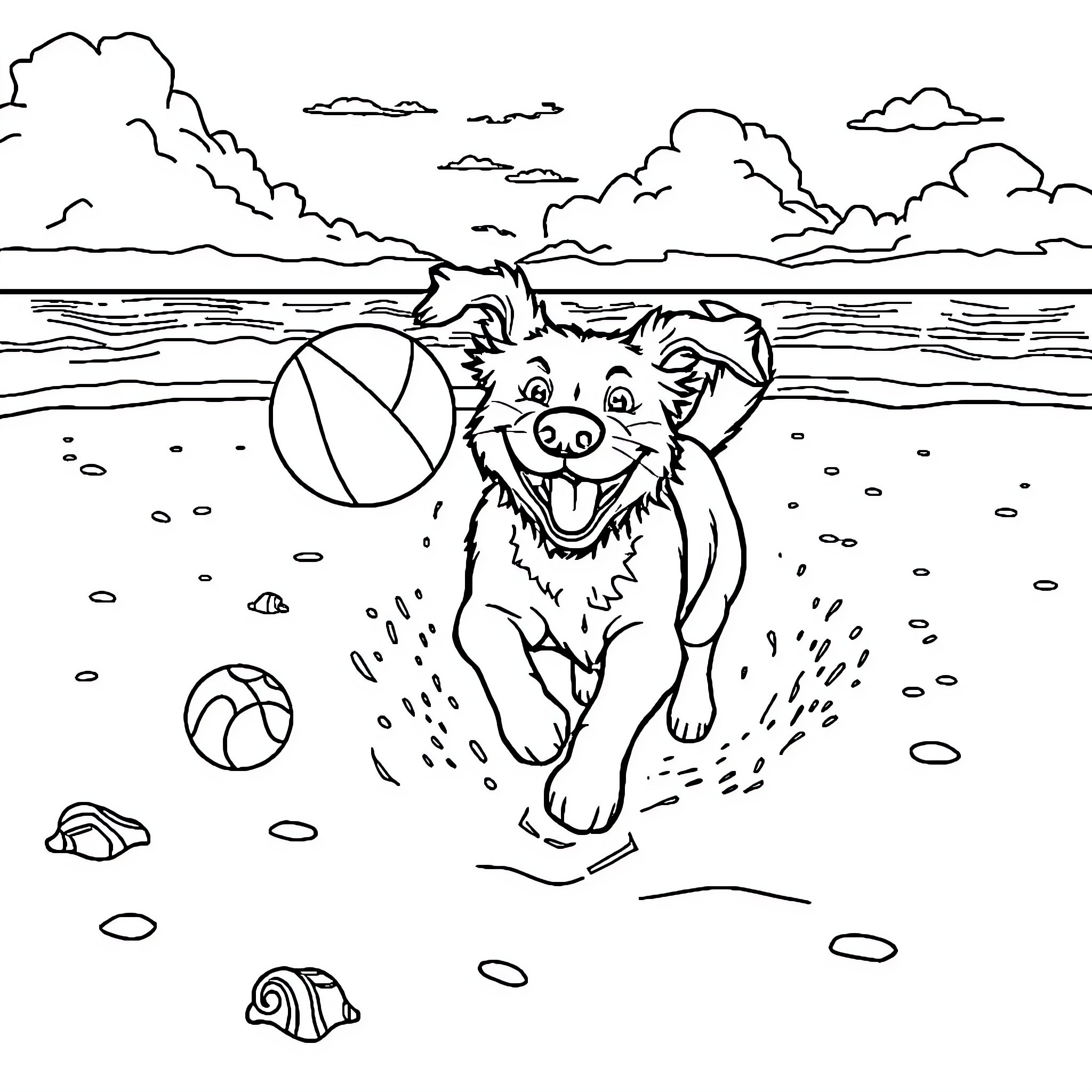 Dog playing with beach ball on the shore Coloring Page (free black-and-white line drawing printable PDF for all, from beginners to advanced learners, including children, teens, adults, and seniors)