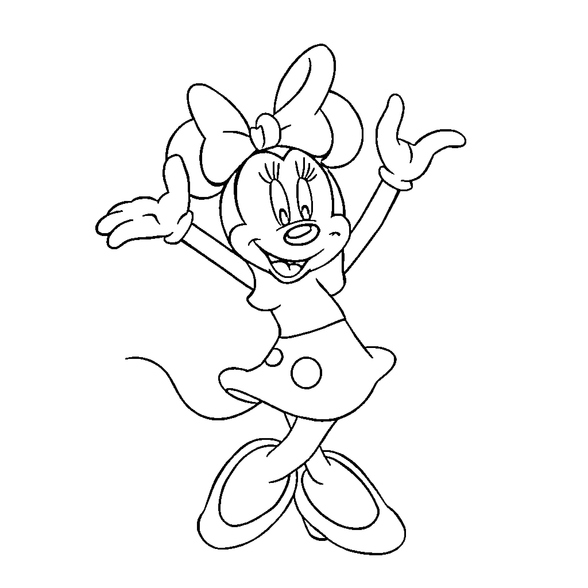 Minnie Mouse Happily Jumping and Waving Coloring Page (free black-and-white line drawing printable PDF for all, from beginners to advanced learners, including children, teens, adults, and seniors)