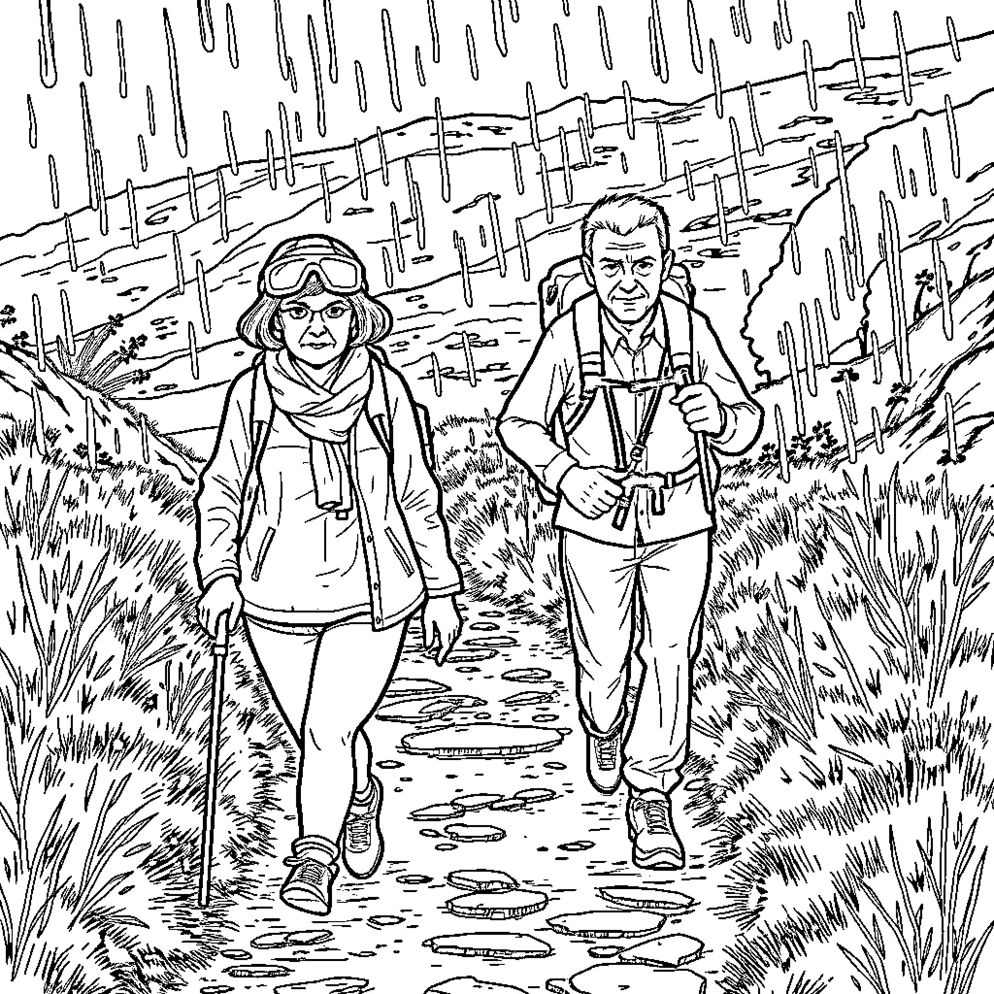 Hiker couple exploring rugged terrain in the rain Coloring Page (free black-and-white line drawing printable PDF for all, from beginners to advanced learners, including children, teens, adults, and seniors)