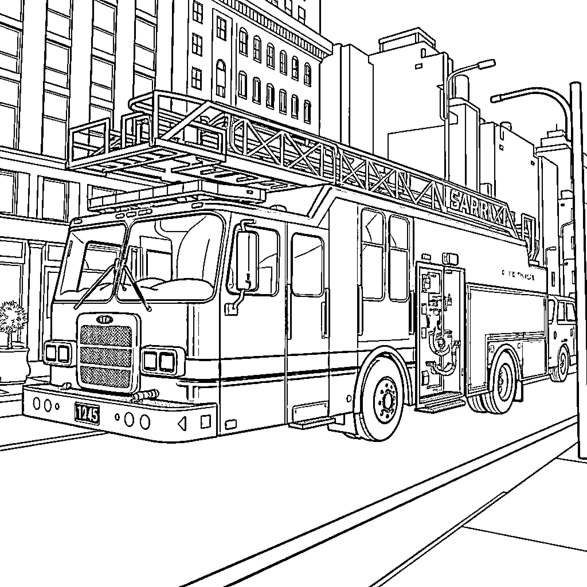 Fire Truck responding to emergency in urban setting Coloring Page (free black-and-white line drawing printable PDF for all, from beginners to advanced learners, including children, teens, adults, and seniors)