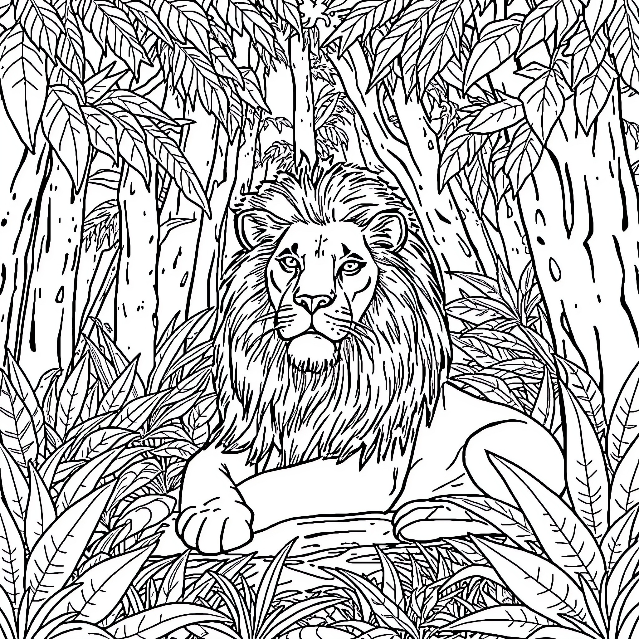 Lion resting in the dense jungle foliage Coloring Page (free black-and-white line drawing printable PDF for all, from beginners to advanced learners, including children, teens, adults, and seniors)