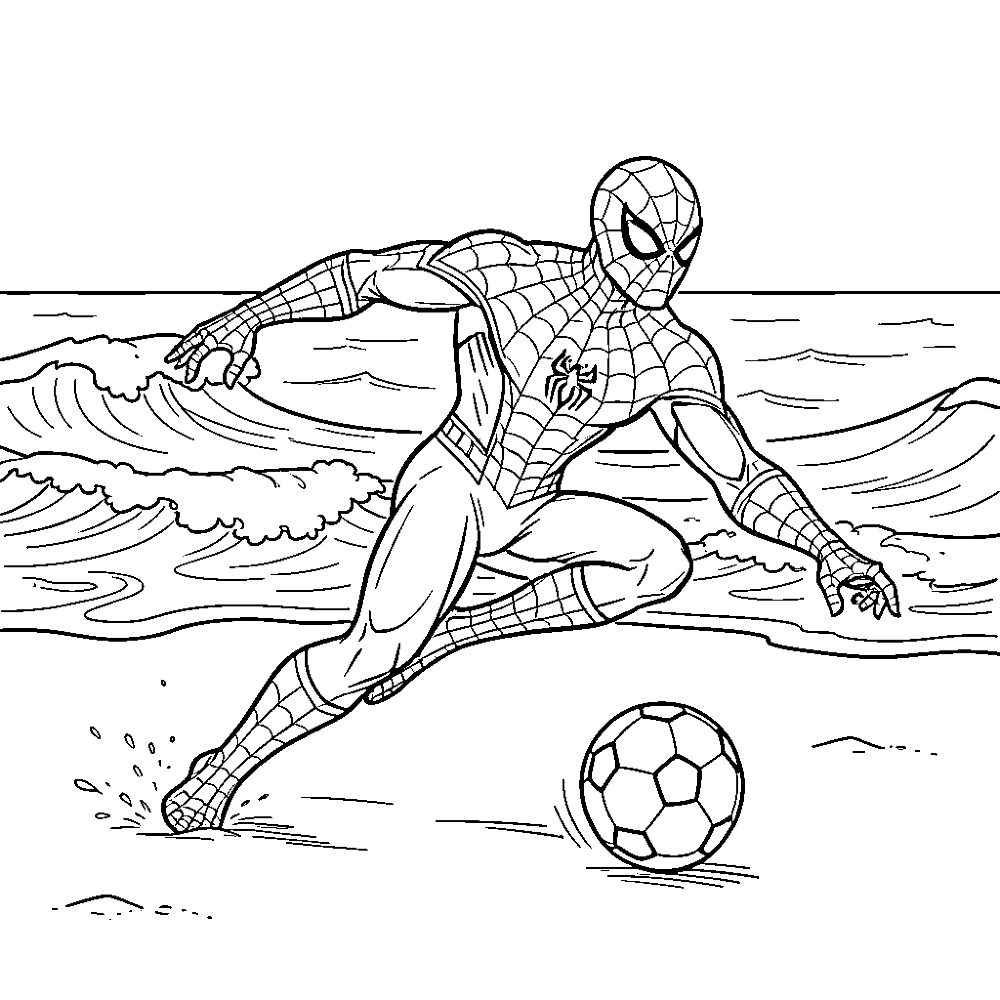 Spiderman playing soccer on the beach near waves Coloring Page (free black-and-white line drawing printable PDF for all, from beginners to advanced learners, including children, teens, adults, and seniors)