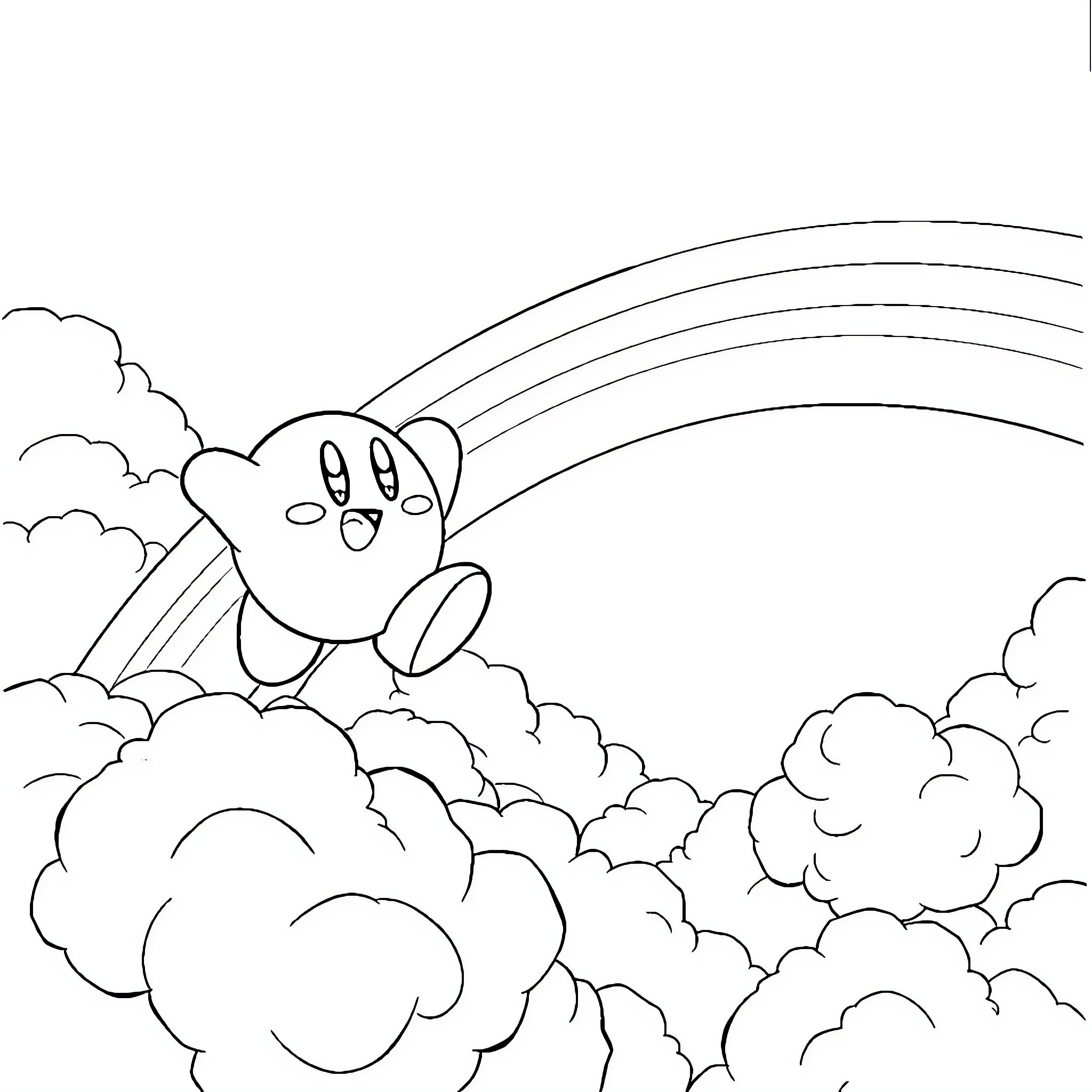 Kirby floating in the clouds with rainbows Coloring Page (free black-and-white line drawing printable PDF for all, from beginners to advanced learners, including children, teens, adults, and seniors)