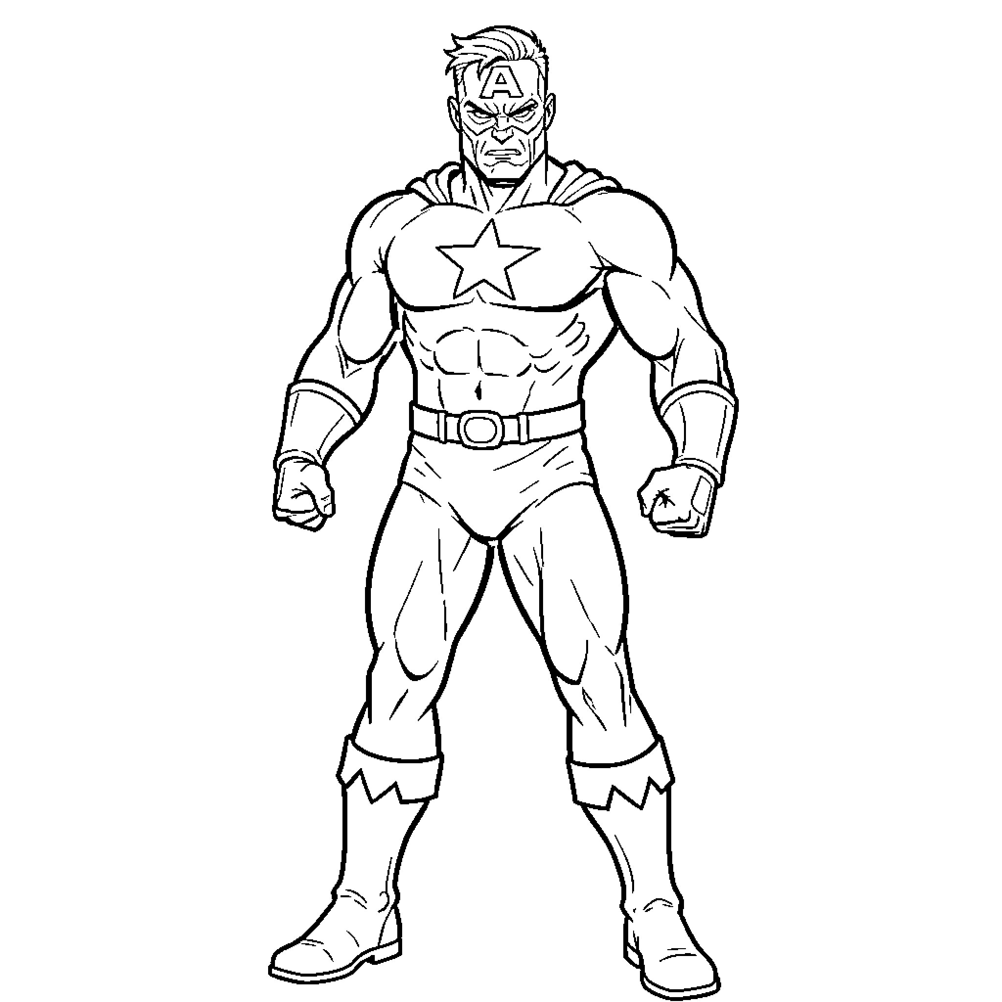 Superhero standing in a powerful and heroic pose Coloring Page (free black-and-white line drawing printable PDF for all, from beginners to advanced learners, including children, teens, adults, and seniors)