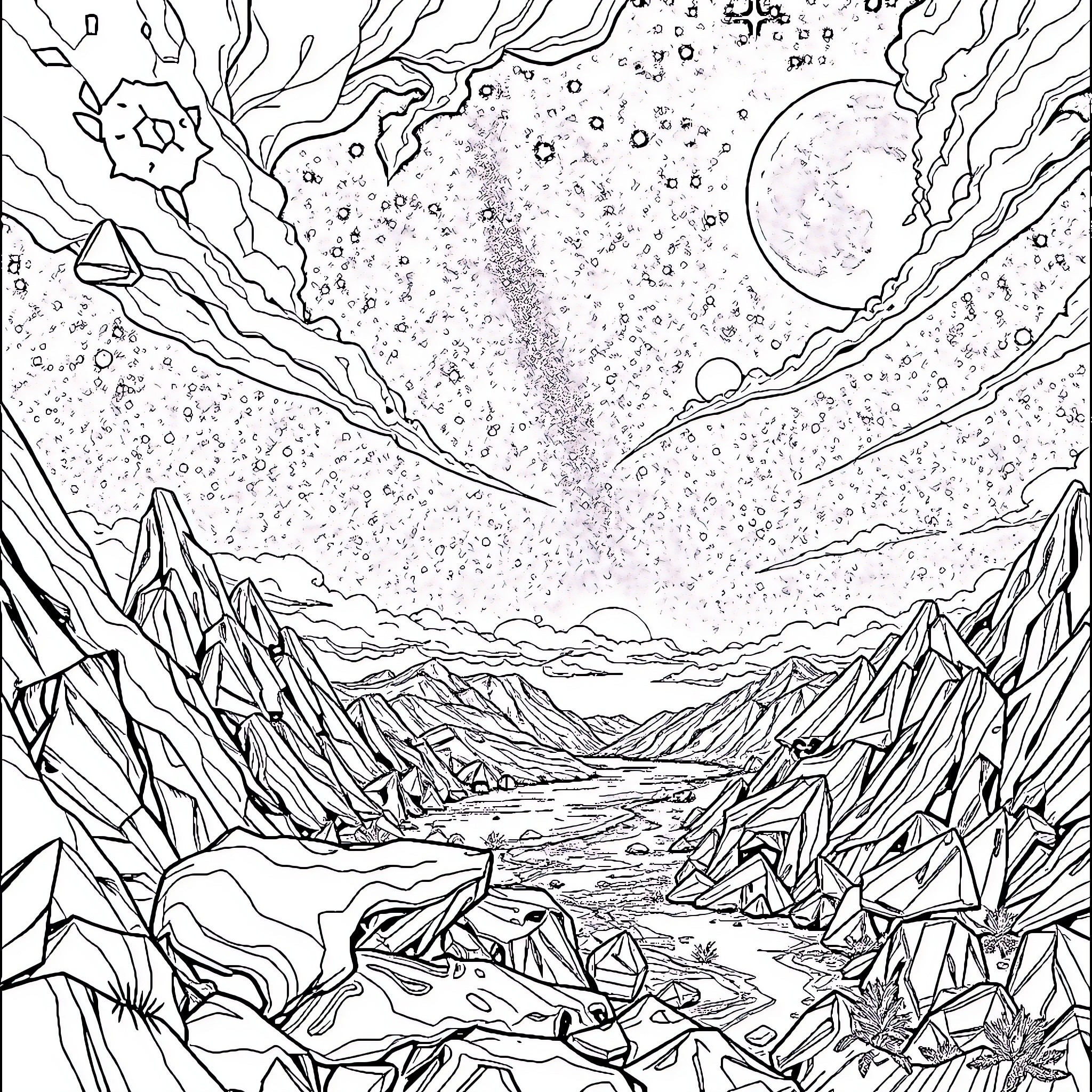 Survival in the Cosmic Wilderness Coloring Page (free black-and-white line drawing printable PDF for all, from beginners to advanced learners, including children, teens, adults, and seniors)