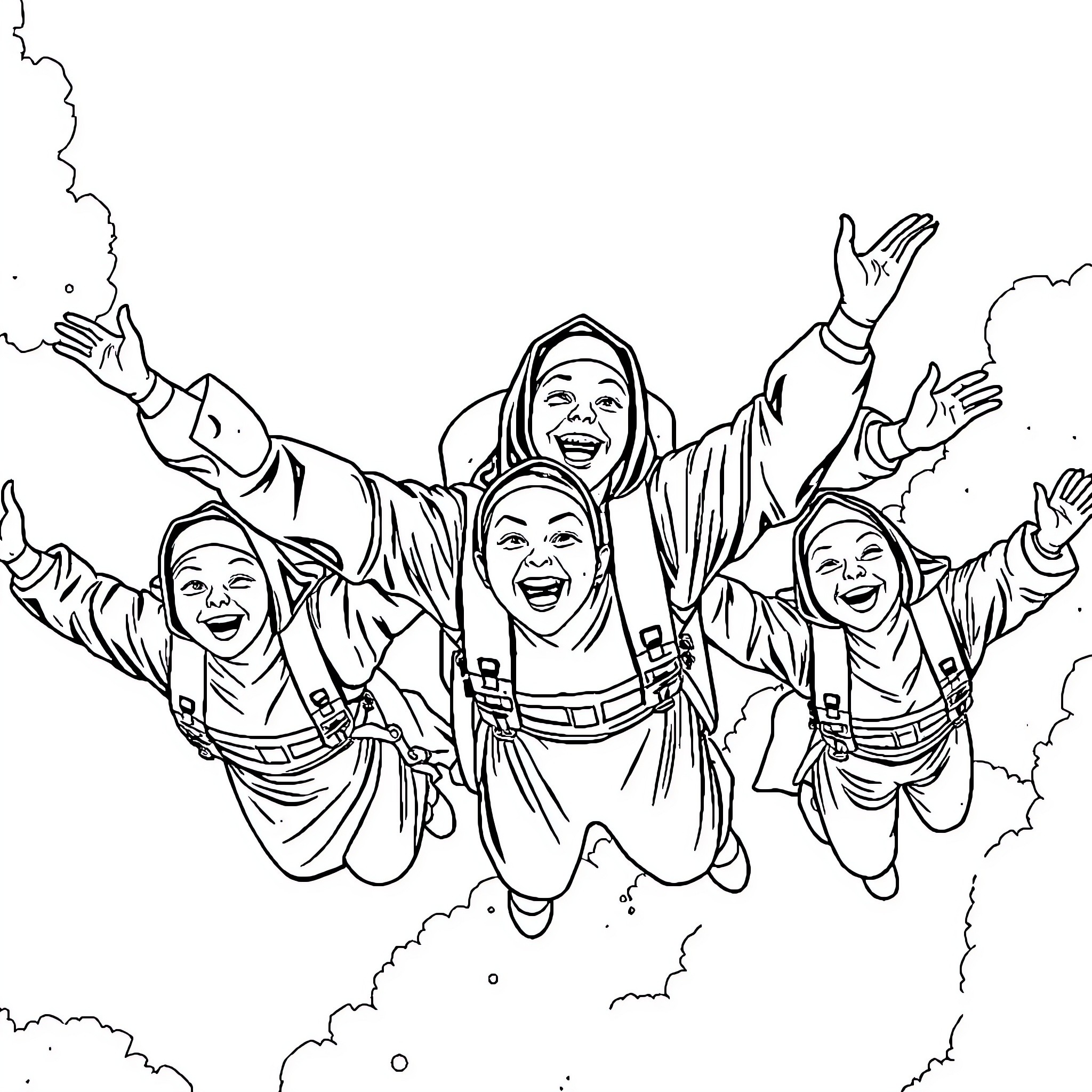 Nuns joyfully soaring through the sky Coloring Page (free black-and-white line drawing printable PDF for all, from beginners to advanced learners, including children, teens, adults, and seniors)