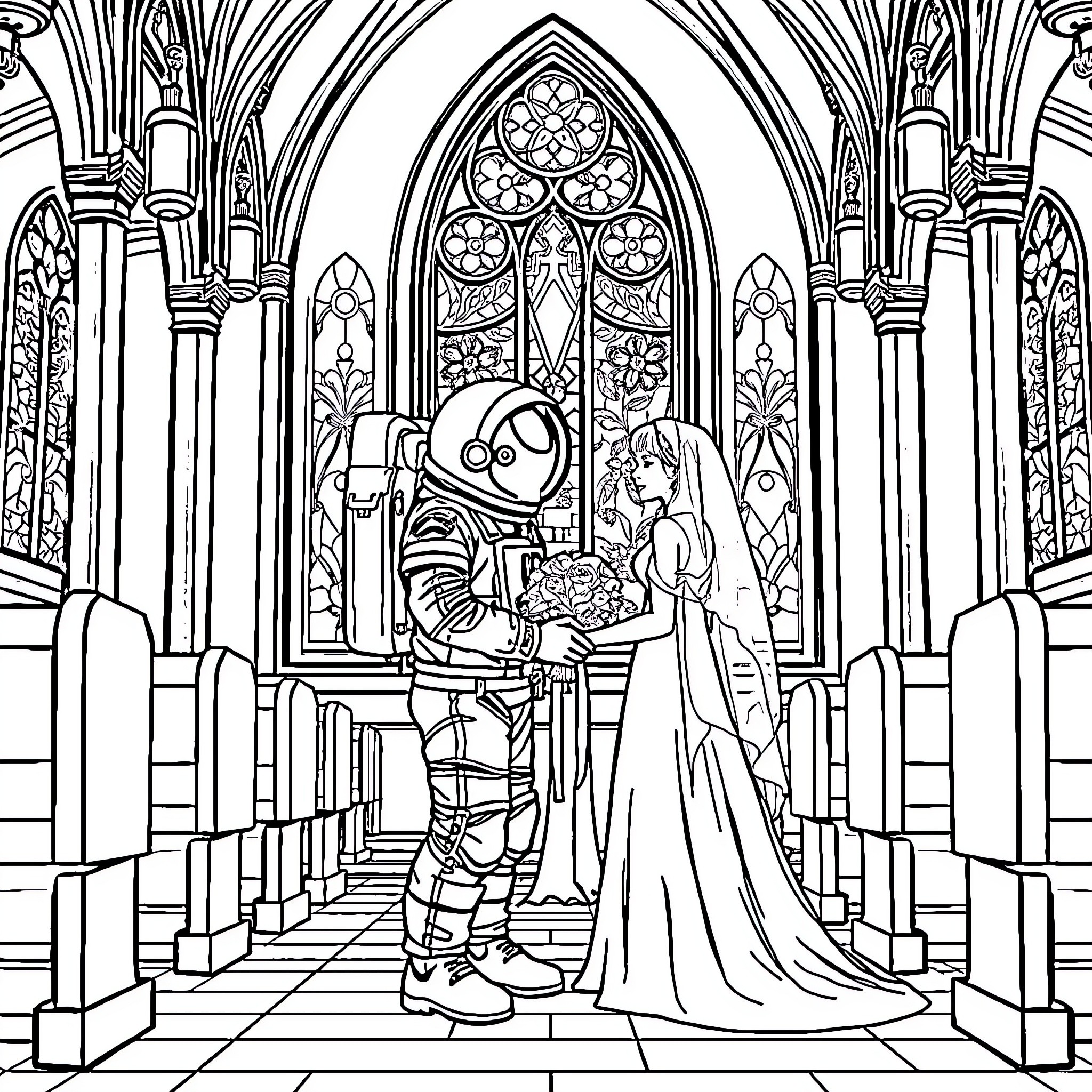 Astronaut's Fairy Tale Wedding in Cathedral Coloring Page (free black-and-white line drawing printable PDF for all, from beginners to advanced learners, including children, teens, adults, and seniors)