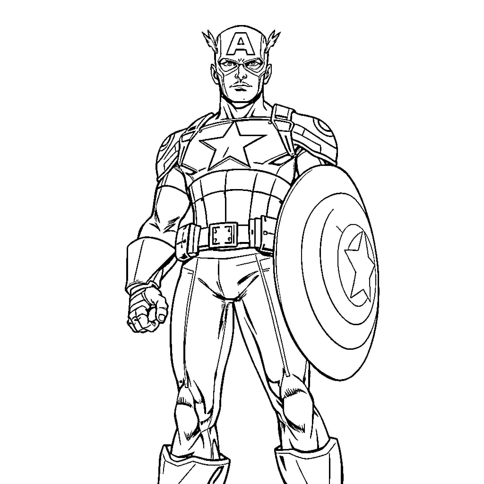 Captain America standing in heroic pose with shield Coloring Page (free black-and-white line drawing printable PDF for all, from beginners to advanced learners, including children, teens, adults, and seniors)