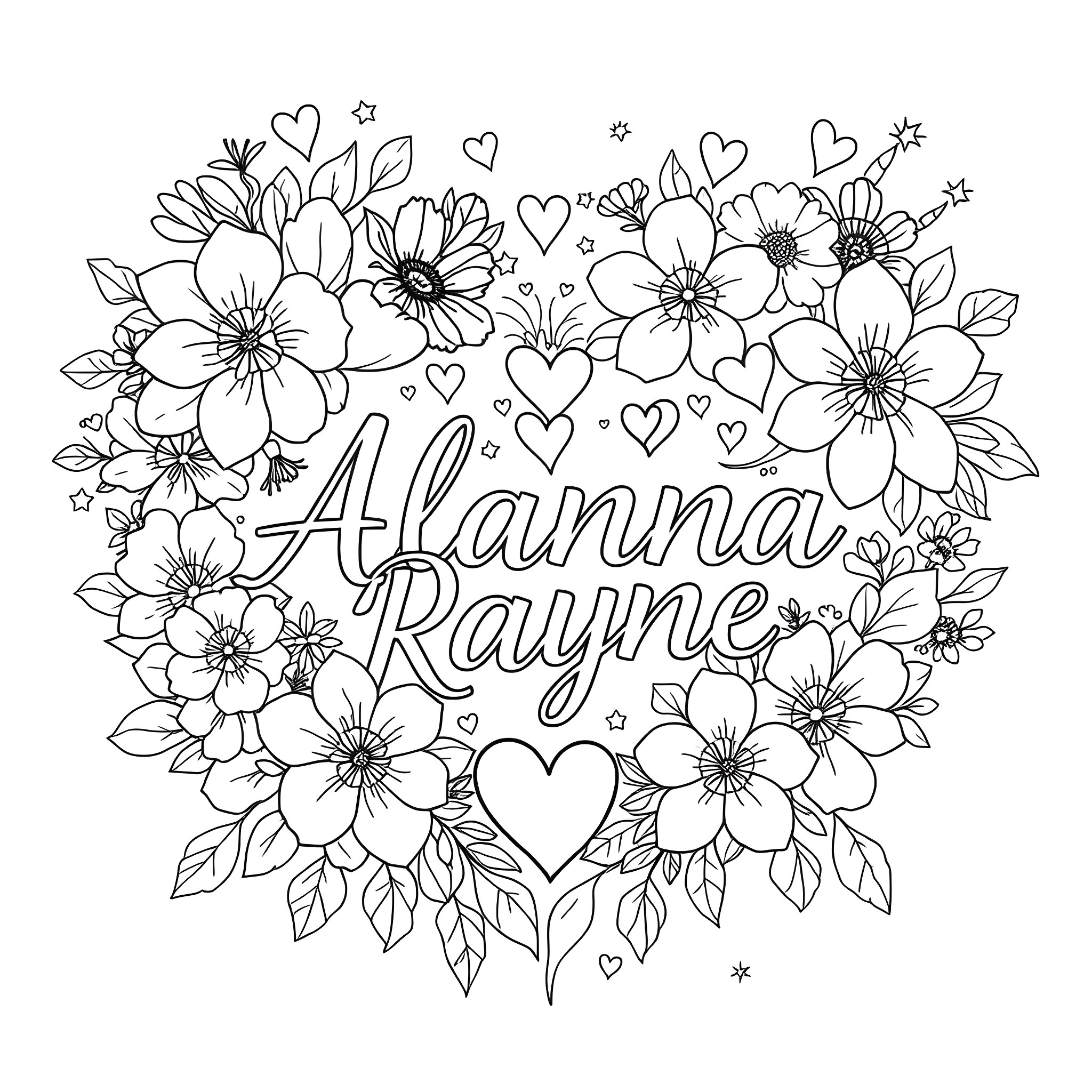 Flower Illustration with Floral Motifs and Text Coloring Page (free black-and-white line drawing printable PDF for all, from beginners to advanced learners, including children, teens, adults, and seniors)