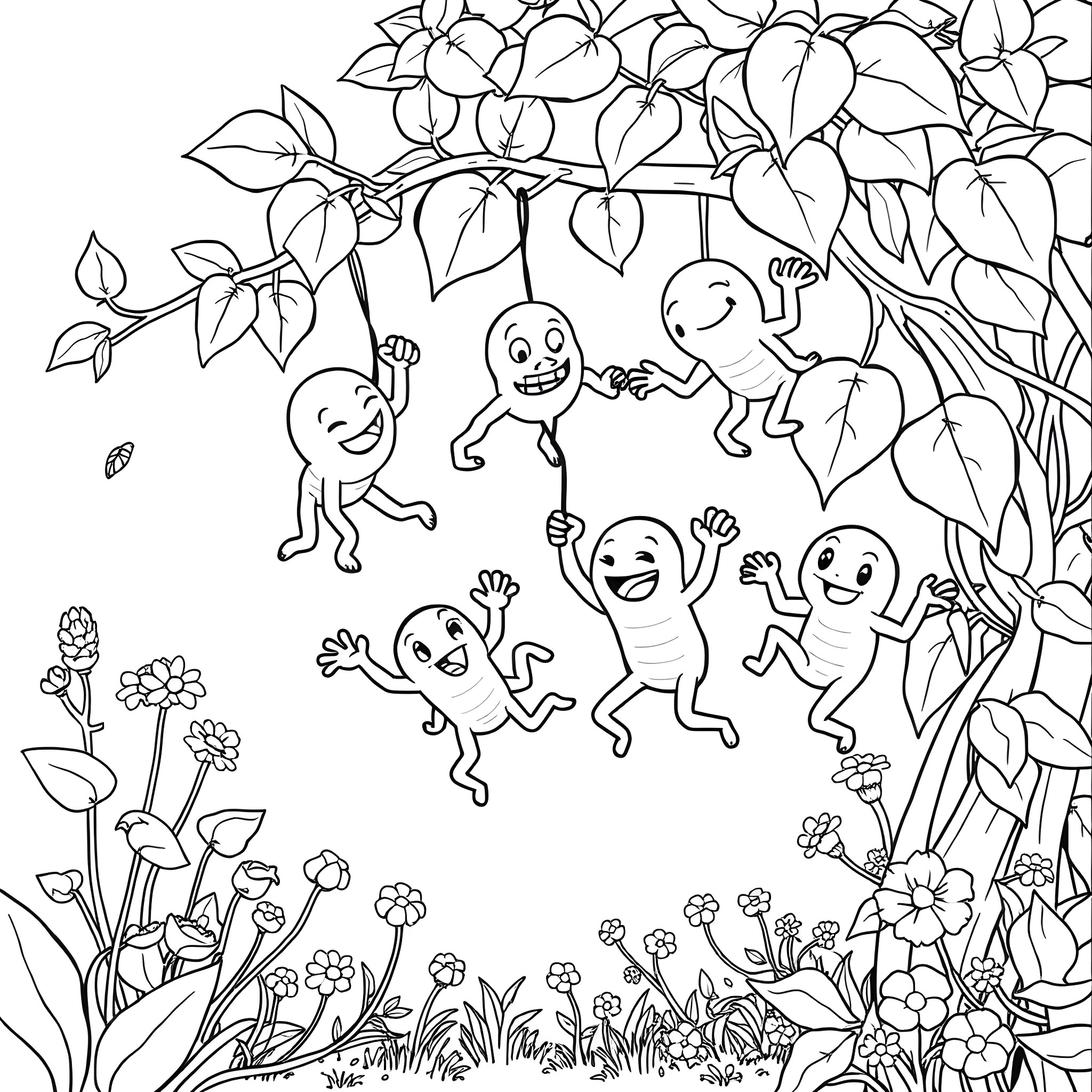 Germ friends having a playful time in nature Coloring Page (free black-and-white line drawing printable PDF for all, from beginners to advanced learners, including children, teens, adults, and seniors)