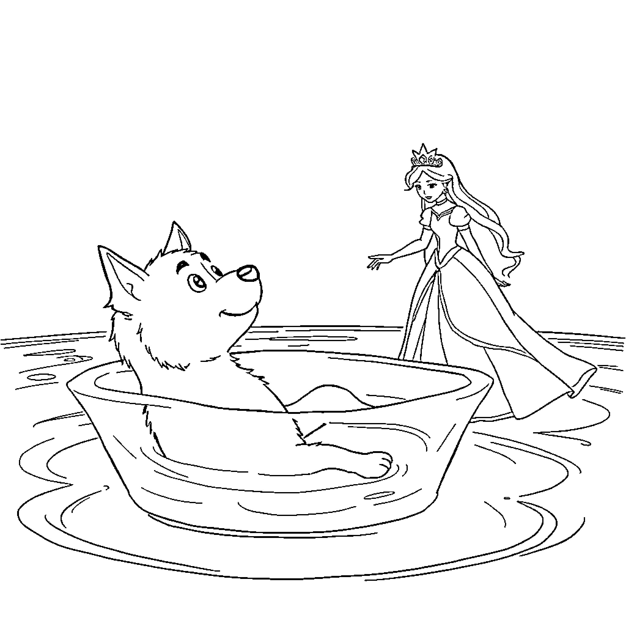 Dog sitting in a bowl looking at a princess Coloring Page (free black-and-white line drawing printable PDF for all, from beginners to advanced learners, including children, teens, adults, and seniors)