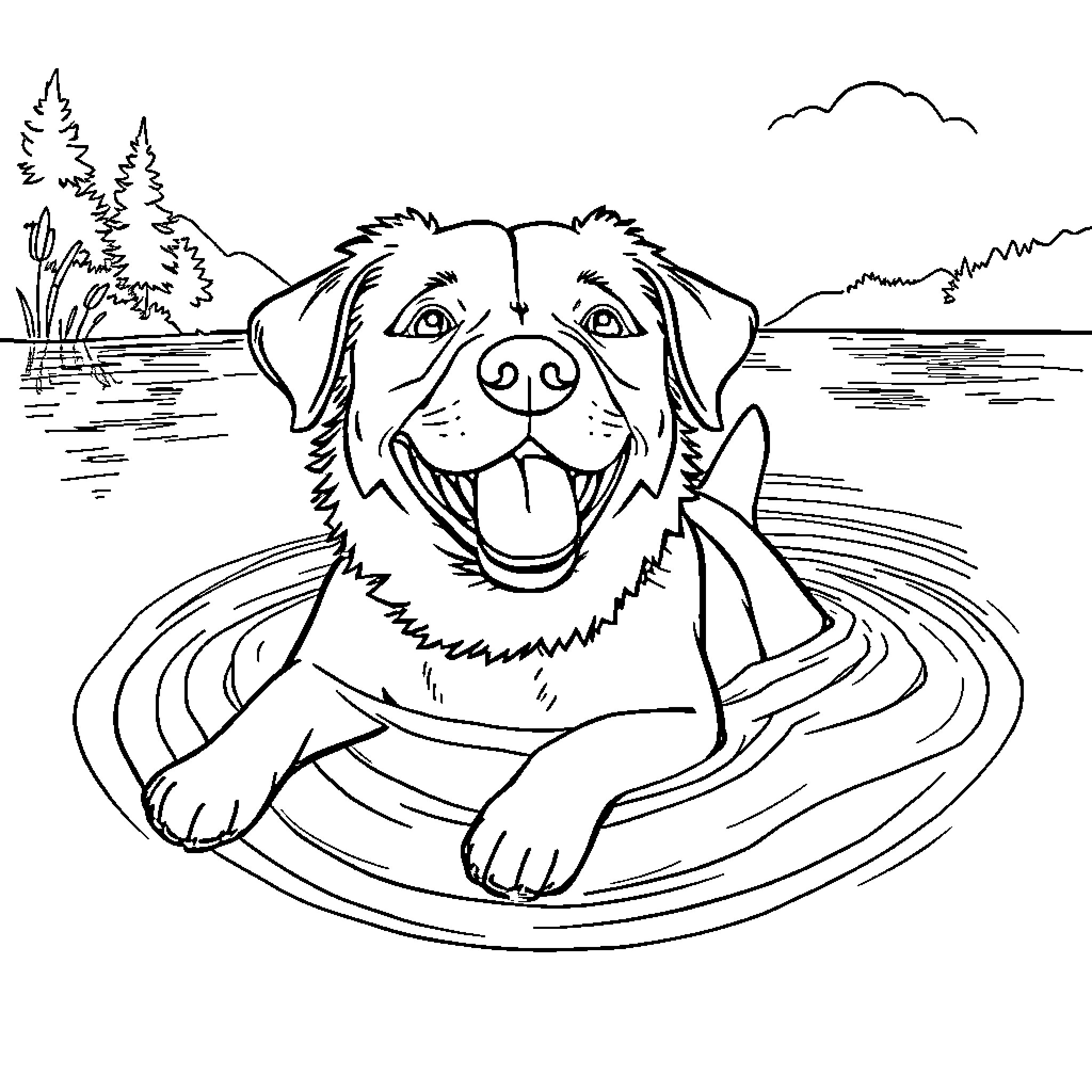 Dog playing happily in the water Coloring Page (free black-and-white line drawing printable PDF for all, from beginners to advanced learners, including children, teens, adults, and seniors)