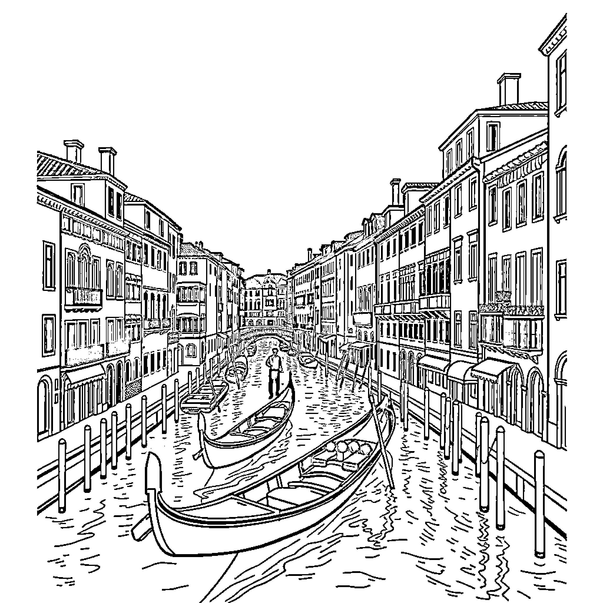 Venice canal with gondolas and historic architecture Coloring Page (free black-and-white line drawing printable PDF for all, from beginners to advanced learners, including children, teens, adults, and seniors)