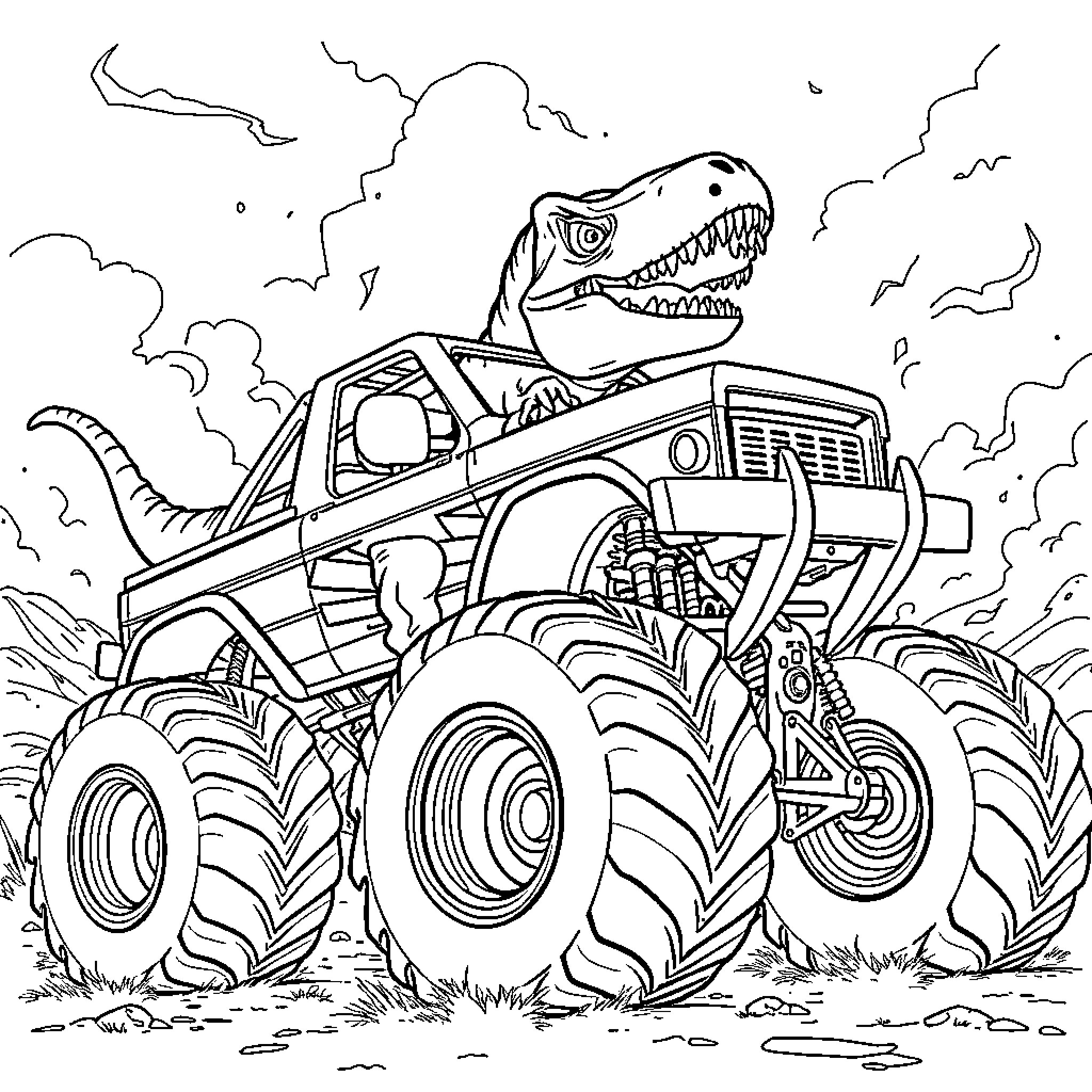 Trex Monster Truck Crushing through Obstacles Coloring Page (free black-and-white line drawing printable PDF for all, from beginners to advanced learners, including children, teens, adults, and seniors)