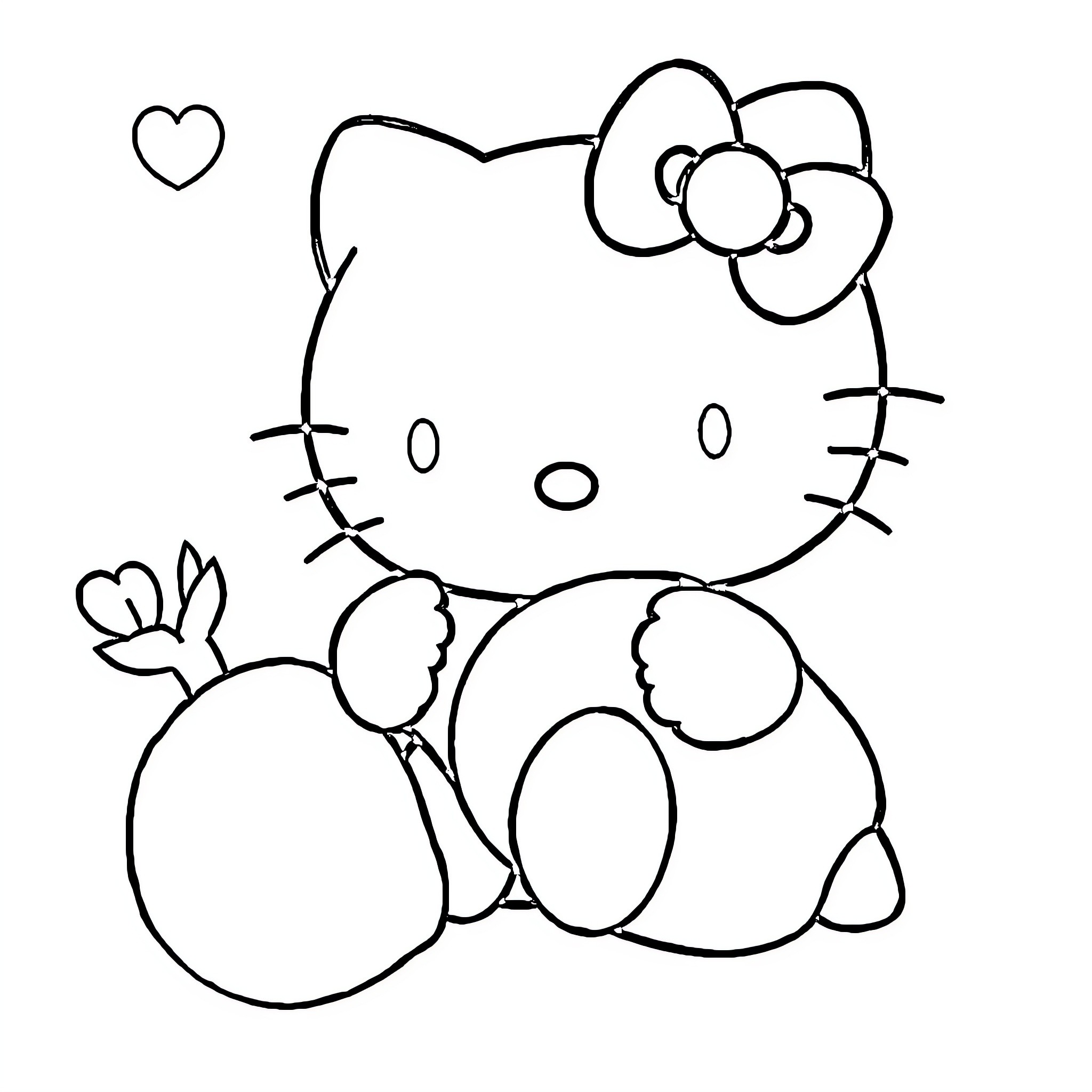 Hello Kitty sitting with heart-shaped balloons Coloring Page (free black-and-white line drawing printable PDF for all, from beginners to advanced learners, including children, teens, adults, and seniors)