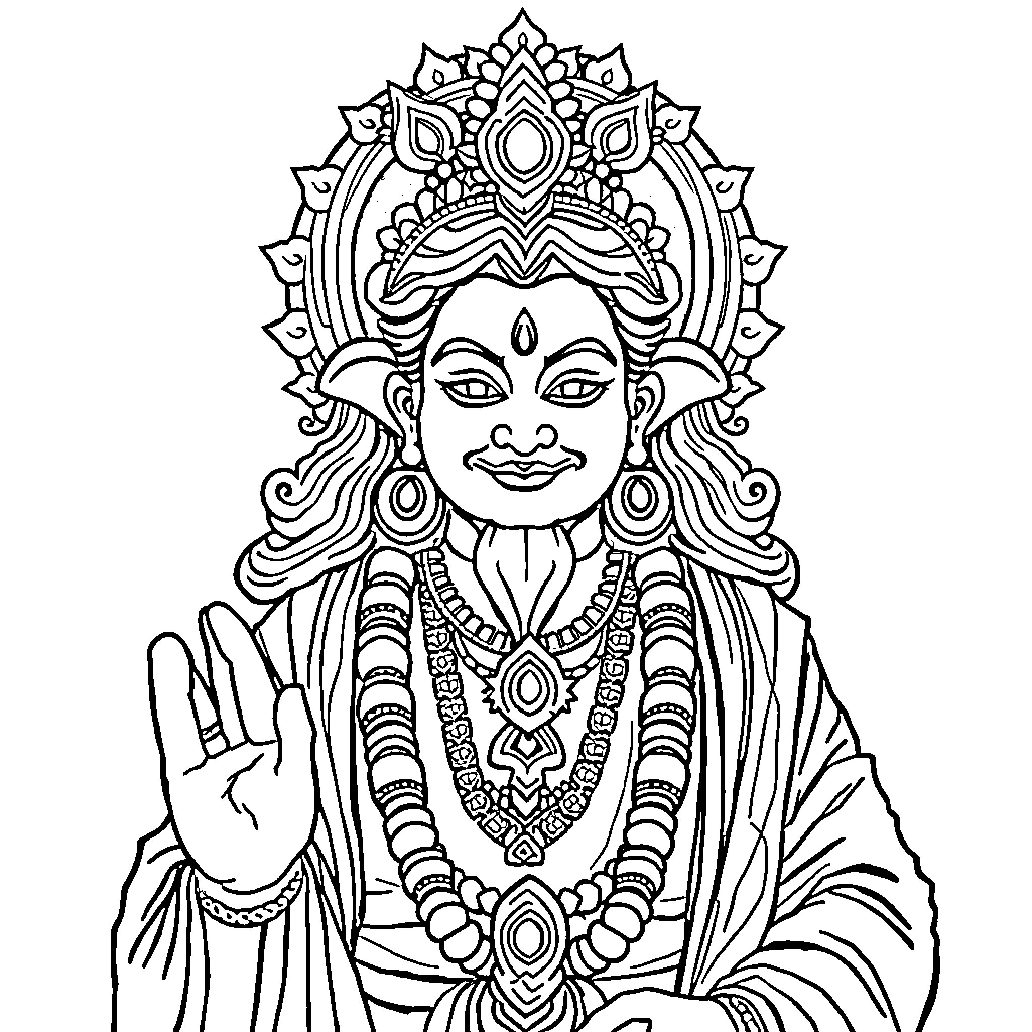 Hindu God with Ornate Headdress and Jewelry Coloring Page (free black-and-white line drawing printable PDF for all, from beginners to advanced learners, including children, teens, adults, and seniors)
