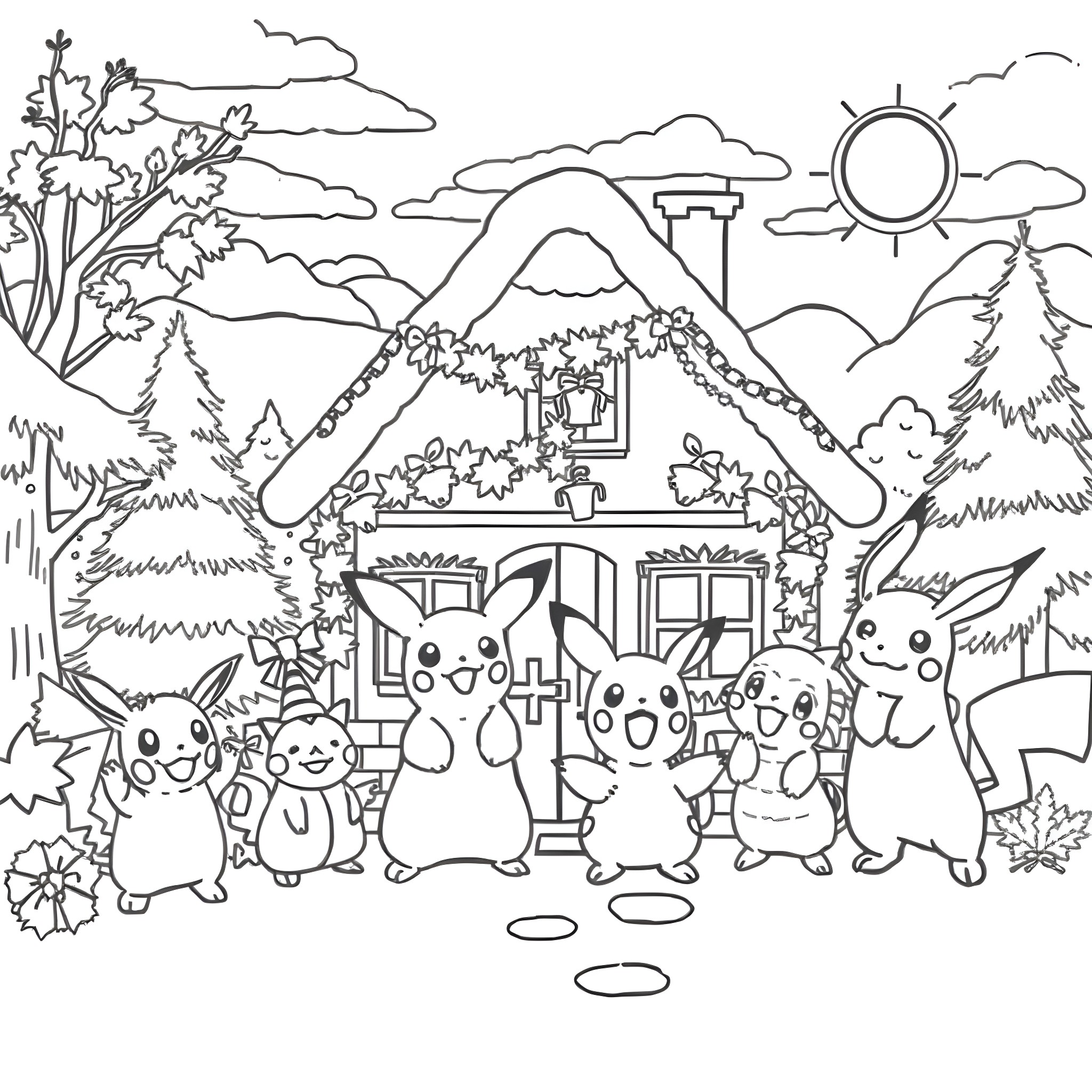 Pokémon characters exploring a cozy countryside cottage Coloring Page (free black-and-white line drawing printable PDF for all, from beginners to advanced learners, including children, teens, adults, and seniors)