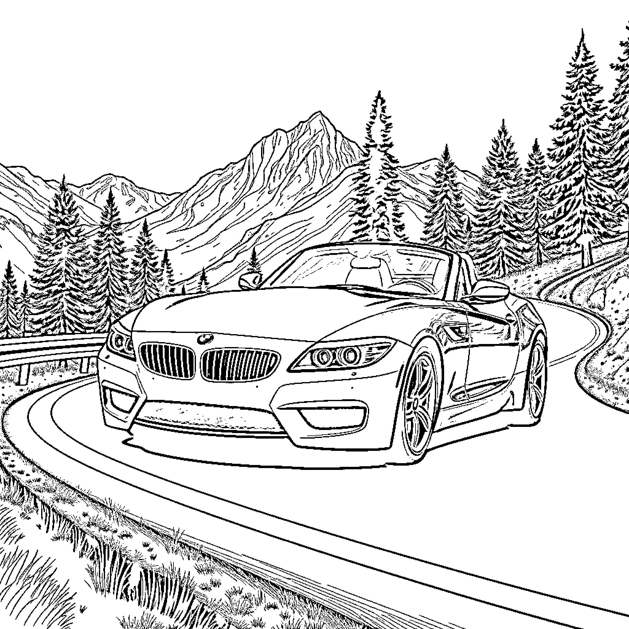 Bmw Z3 sports car driving through mountain landscape Coloring Page (free black-and-white line drawing printable PDF for all, from beginners to advanced learners, including children, teens, adults, and seniors)