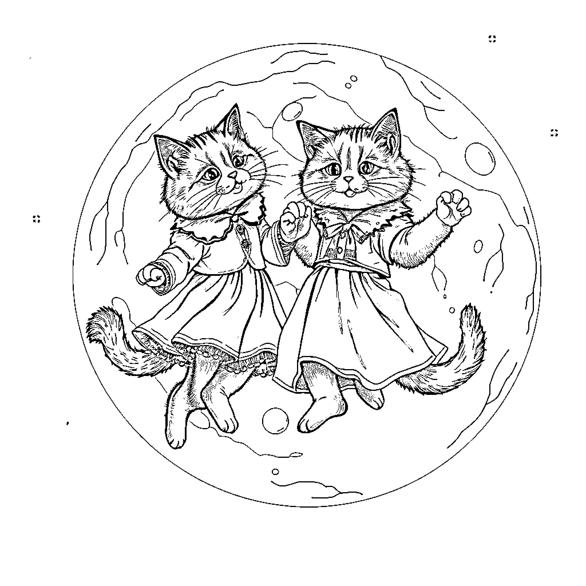 Cats dressed in Victorian outfits playing in the moonlight Coloring Page (free black-and-white line drawing printable PDF for all, from beginners to advanced learners, including children, teens, adults, and seniors)