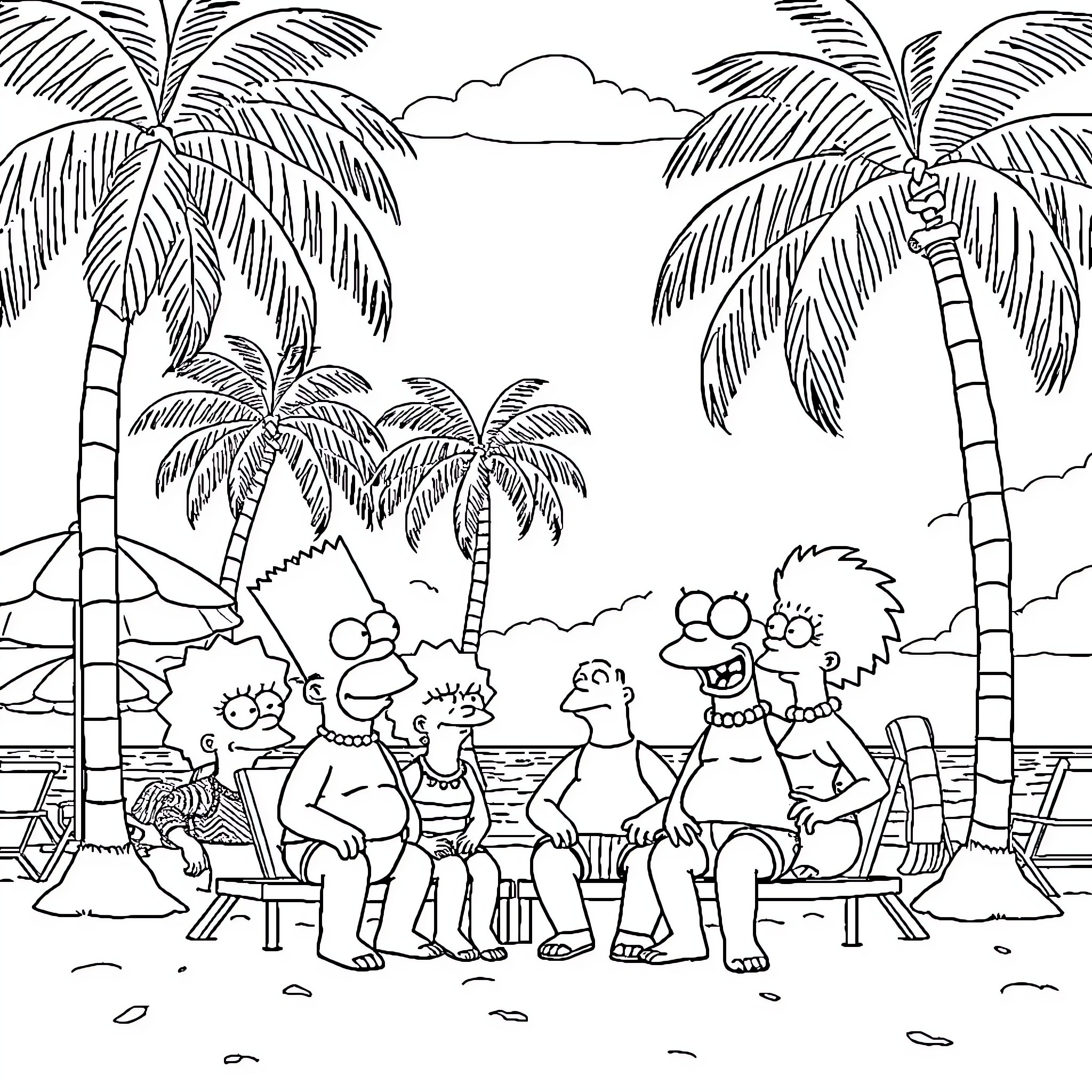 Simpson Family Enjoying Tropical Beach Vacation Coloring Page (free black-and-white line drawing printable PDF for all, from beginners to advanced learners, including children, teens, adults, and seniors)