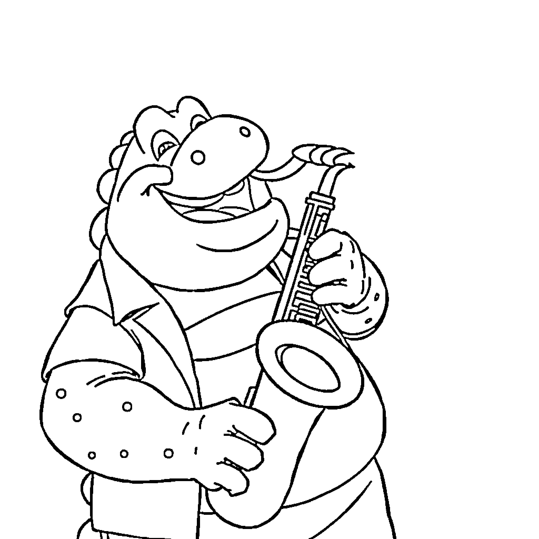 Blastoise playing saxophone in performance Coloring Page (free black-and-white line drawing printable PDF for all, from beginners to advanced learners, including children, teens, adults, and seniors)