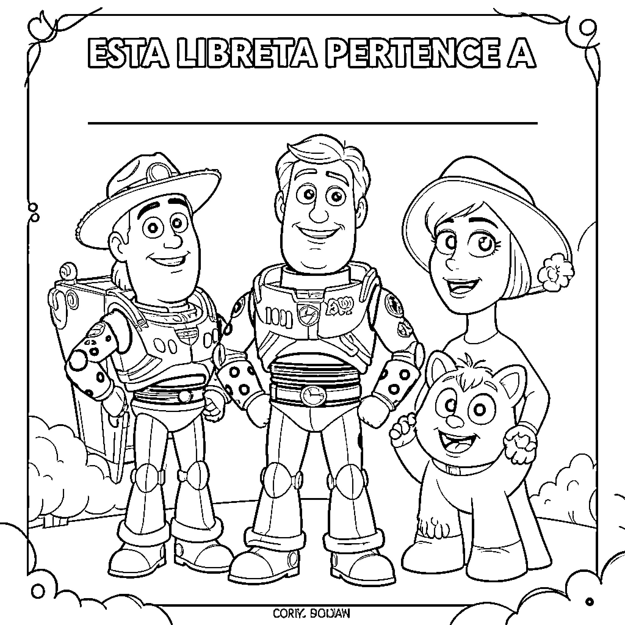 Toy Story characters smiling together for a group portrait Coloring Page (free black-and-white line drawing printable PDF for all, from beginners to advanced learners, including children, teens, adults, and seniors)