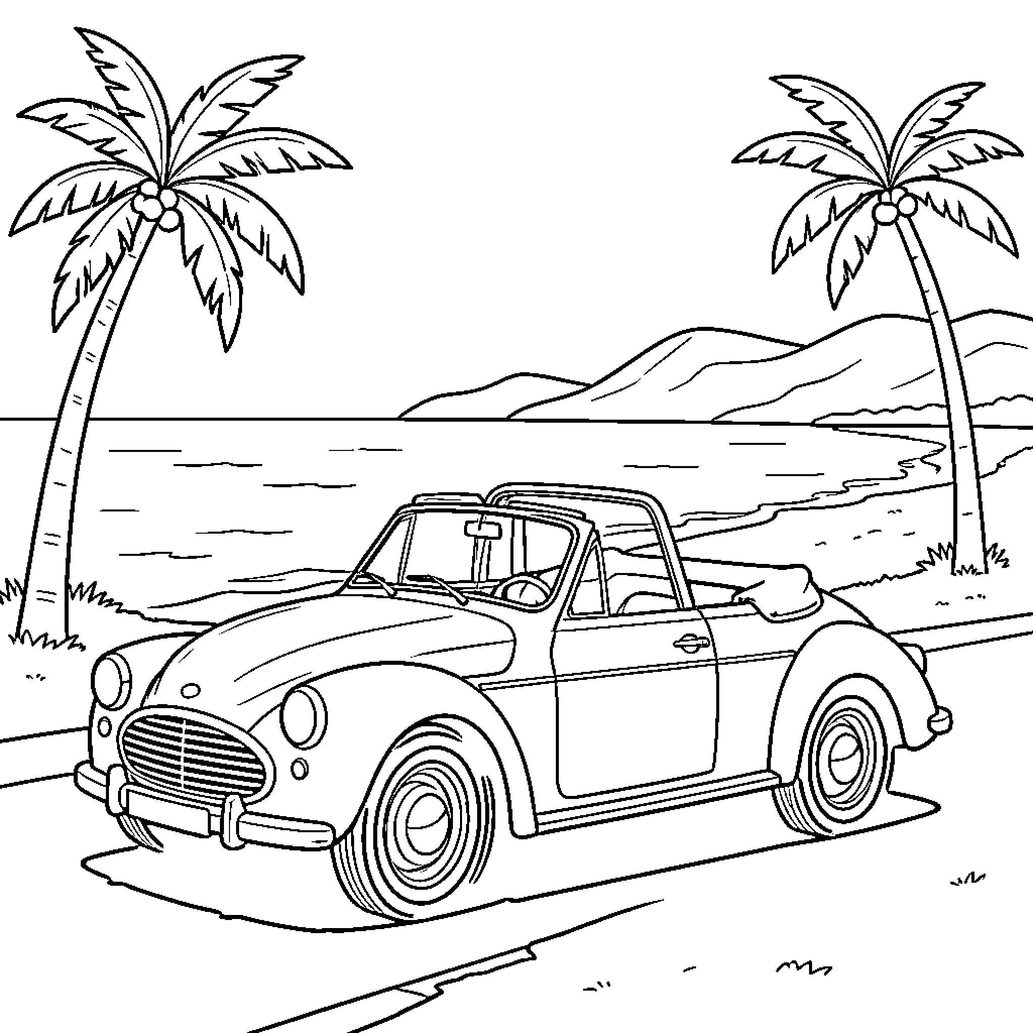 Convertible car parked near palm trees by the ocean Coloring Page (free black-and-white line drawing printable PDF for all, from beginners to advanced learners, including children, teens, adults, and seniors)