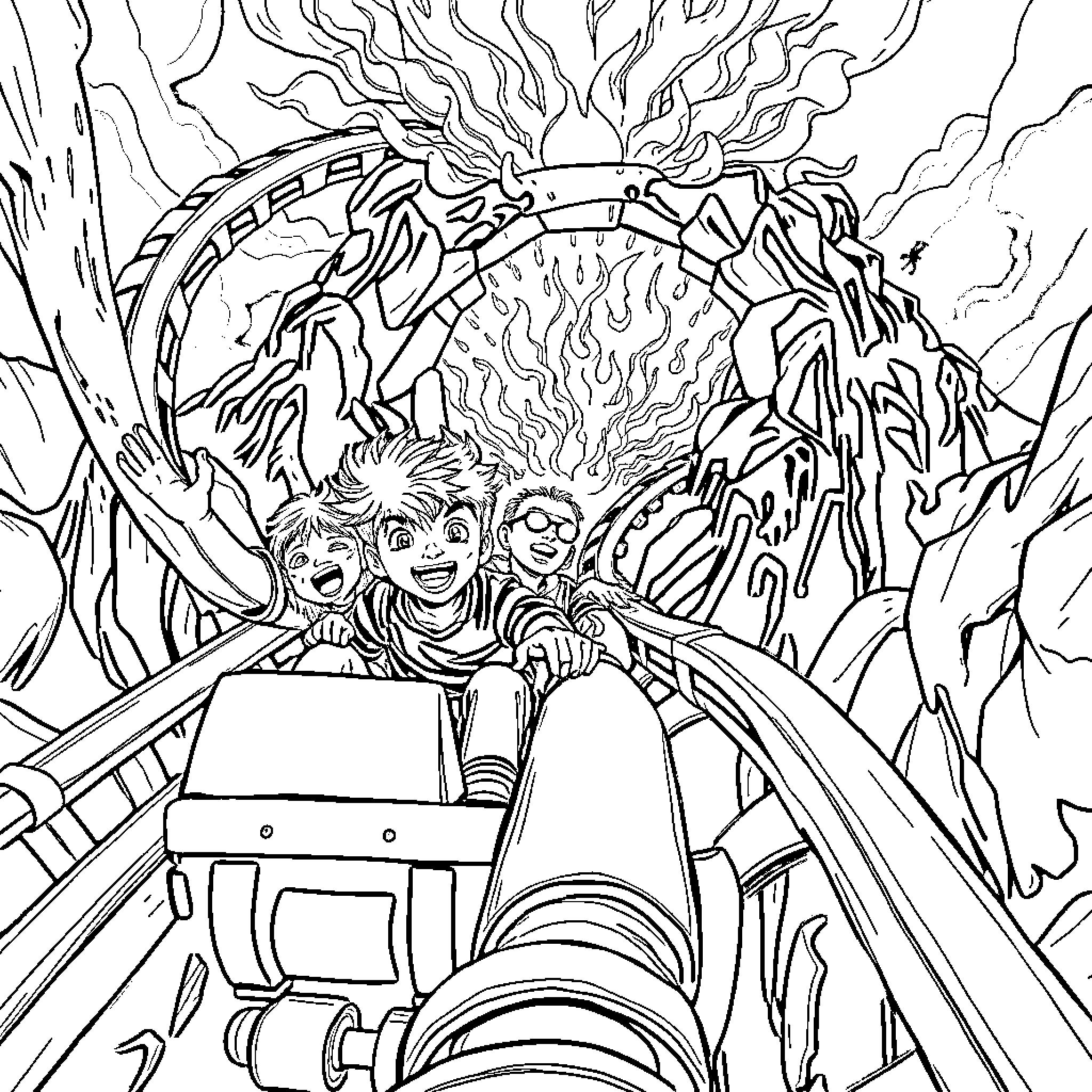 Boy Riding Thrilling Roller Coaster in Fiery Landscape Coloring Page (free black-and-white line drawing printable PDF for all, from beginners to advanced learners, including children, teens, adults, and seniors)