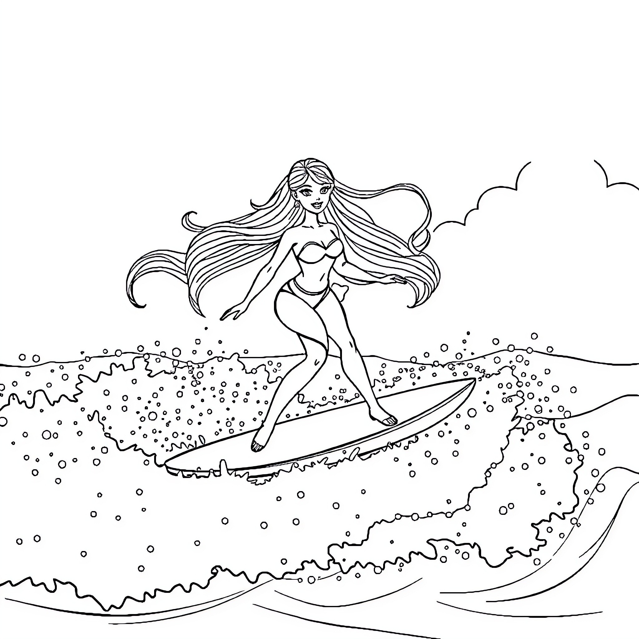 Barbie surfing on the waves Coloring Page (free black-and-white line drawing printable PDF for all, from beginners to advanced learners, including children, teens, adults, and seniors)