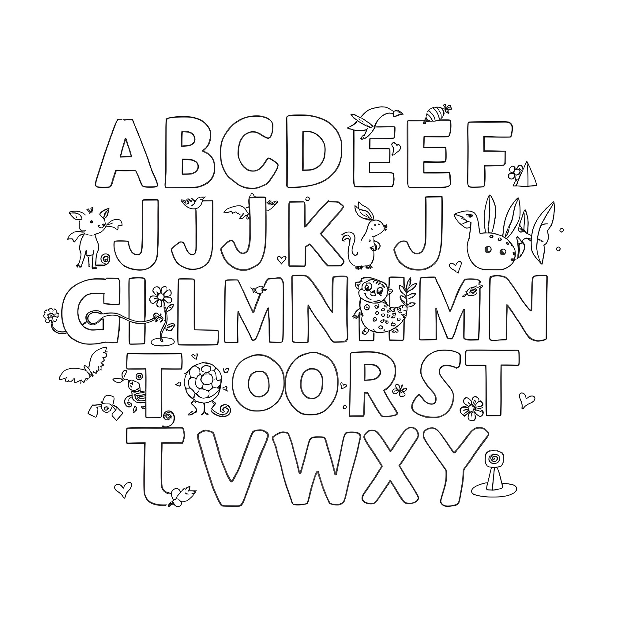 Alphabet of Animals and Objects in the Wild Coloring Page (free black-and-white line drawing printable PDF for all, from beginners to advanced learners, including children, teens, adults, and seniors)