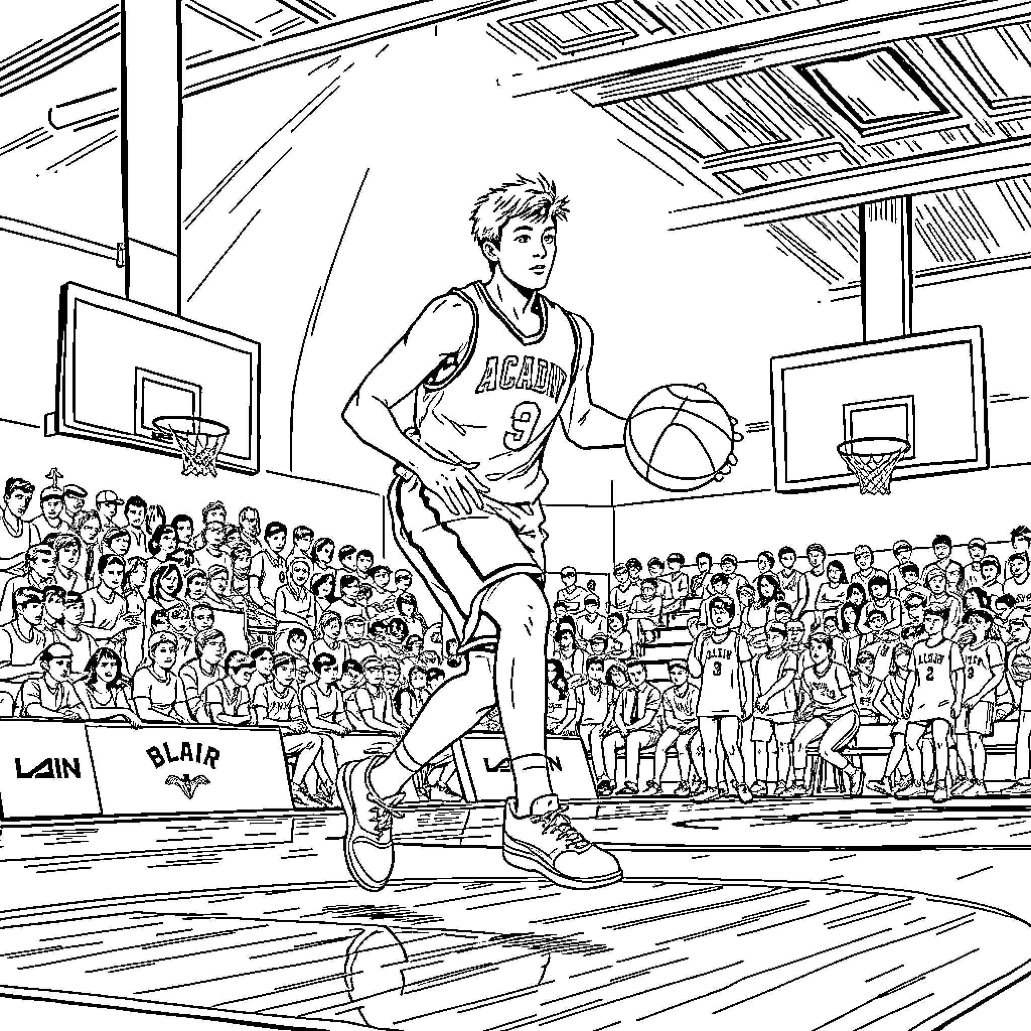 Peter Rosta playing basketball on the court Coloring Page (free black-and-white line drawing printable PDF for all, from beginners to advanced learners, including children, teens, adults, and seniors)
