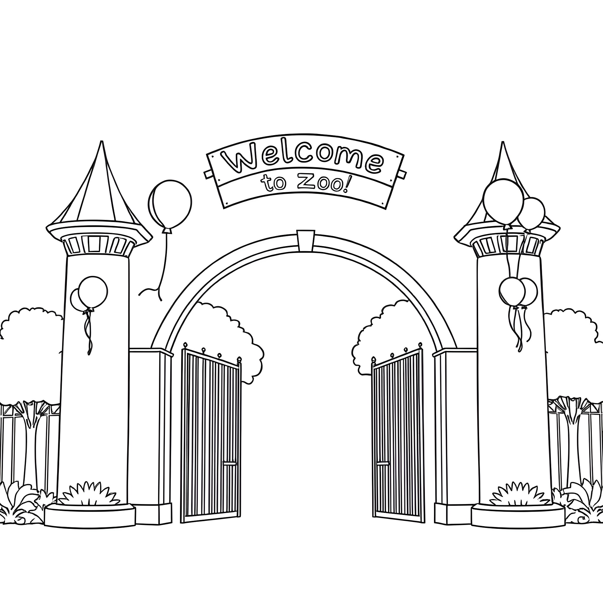 Zoo entrance with welcome sign and decorative towers Coloring Page (free black-and-white line drawing printable PDF for all, from beginners to advanced learners, including children, teens, adults, and seniors)