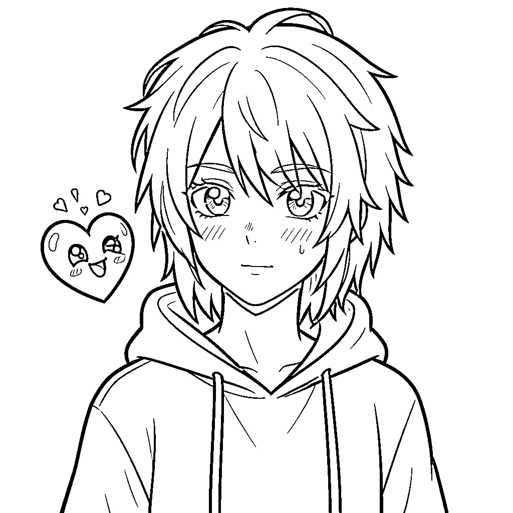 Emo Character with Skull Heart Expression Coloring Page (free black-and-white line drawing printable PDF for all, from beginners to advanced learners, including children, teens, adults, and seniors)