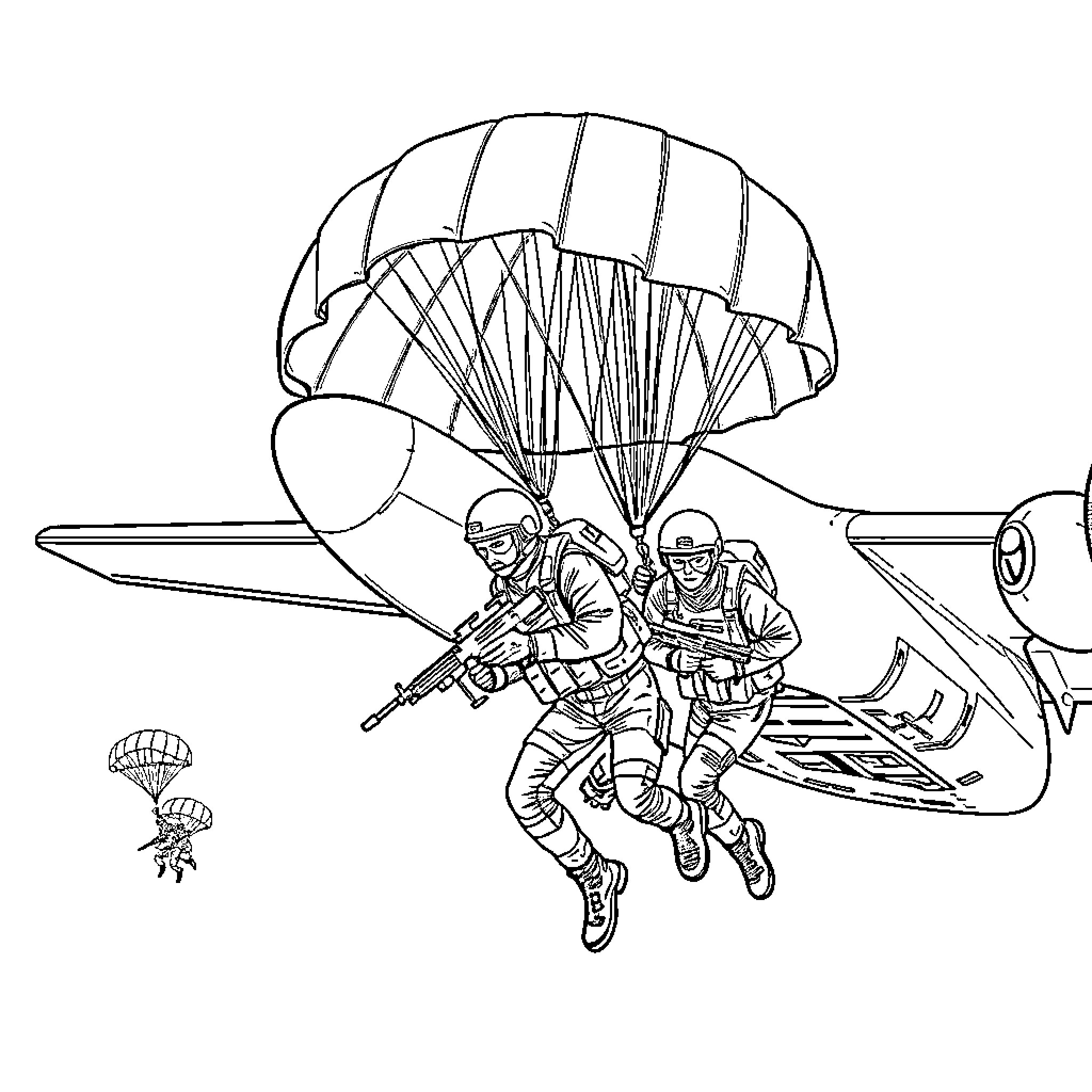 Soldier parachuting with combat gear during a mission Coloring Page (free black-and-white line drawing printable PDF for all, from beginners to advanced learners, including children, teens, adults, and seniors)