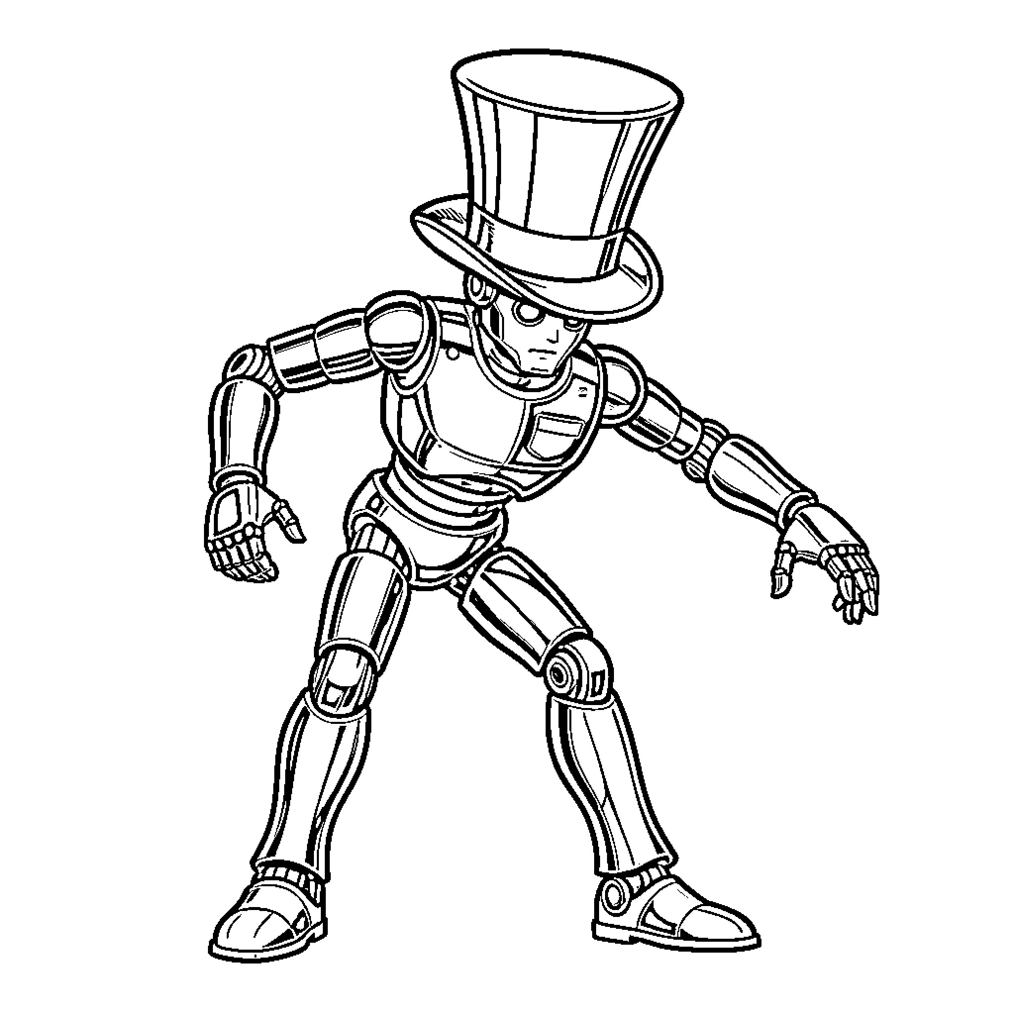 Robot performing a magic trick in a top hat Coloring Page (free black-and-white line drawing printable PDF for all, from beginners to advanced learners, including children, teens, adults, and seniors)
